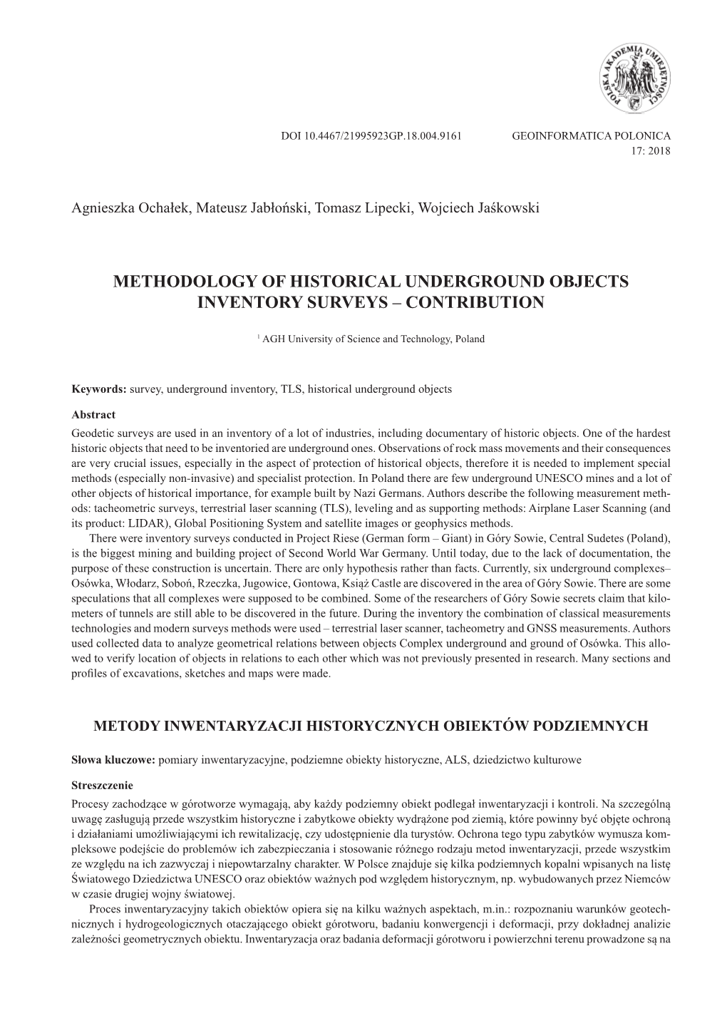 Methodology of Historical Underground Objects Inventory Surveys – Contribution