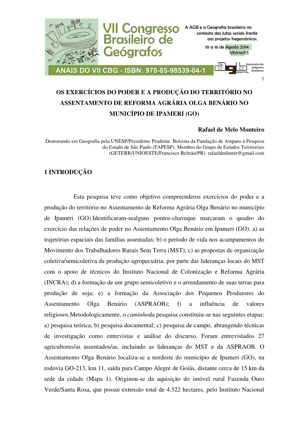 Os Exercícios Do Poder E a Produção Do Território No Assentamento De Reforma Agrária Olga Benário No Município De Ipameri (Go)