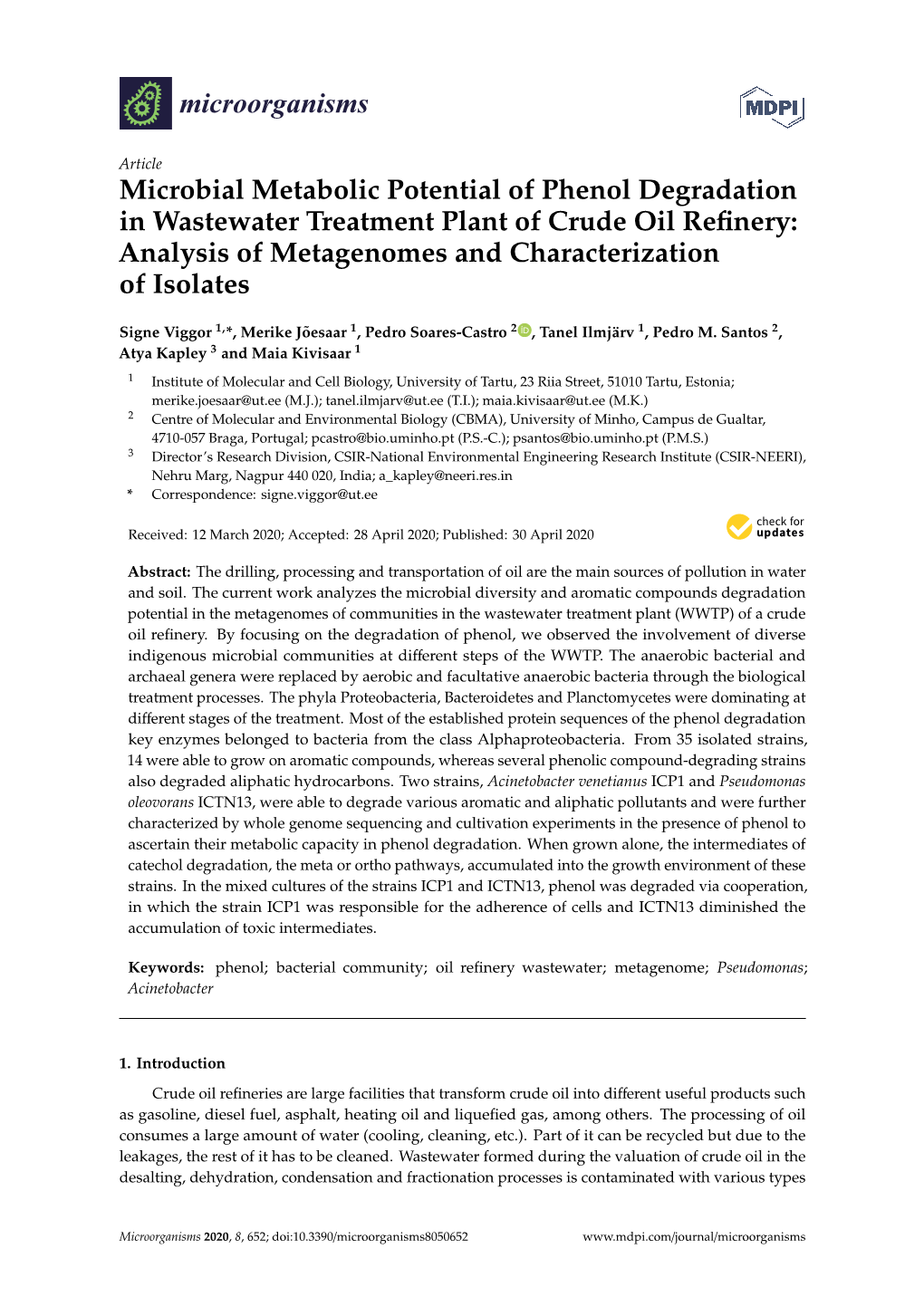 Microbial Metabolic Potential of Phenol Degradation in Wastewater Treatment Plant of Crude Oil Reﬁnery: Analysis of Metagenomes and Characterization of Isolates