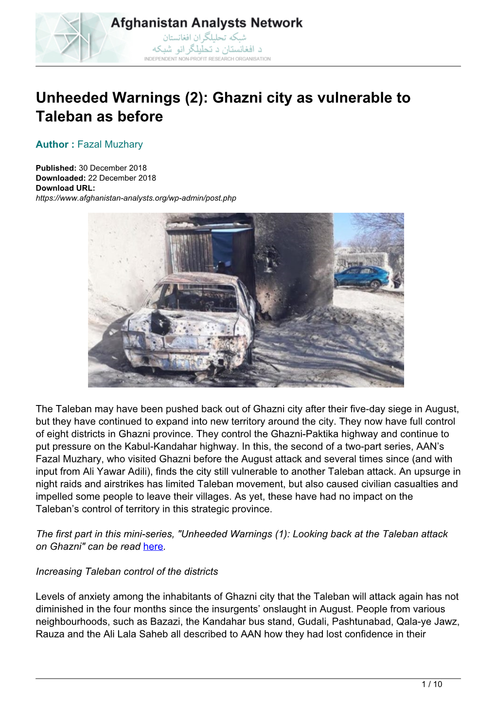 Ghazni City As Vulnerable to Taleban As Before