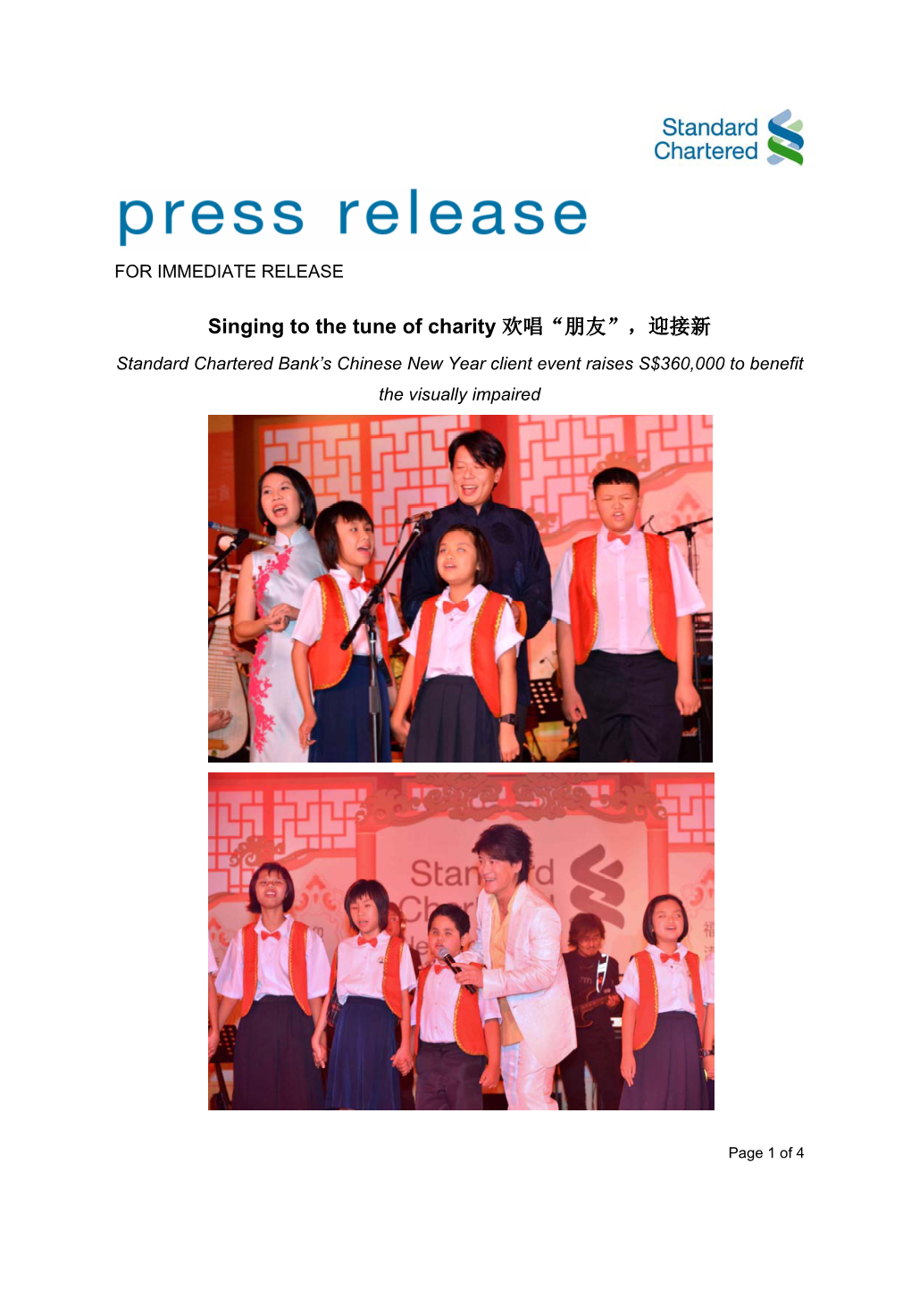 Singing to the Tune of Charity 欢唱“朋友”，迎接新 Standard Chartered Bank’S Chinese New Year Client Event Raises S$360,000 to Benefit the Visually Impaired