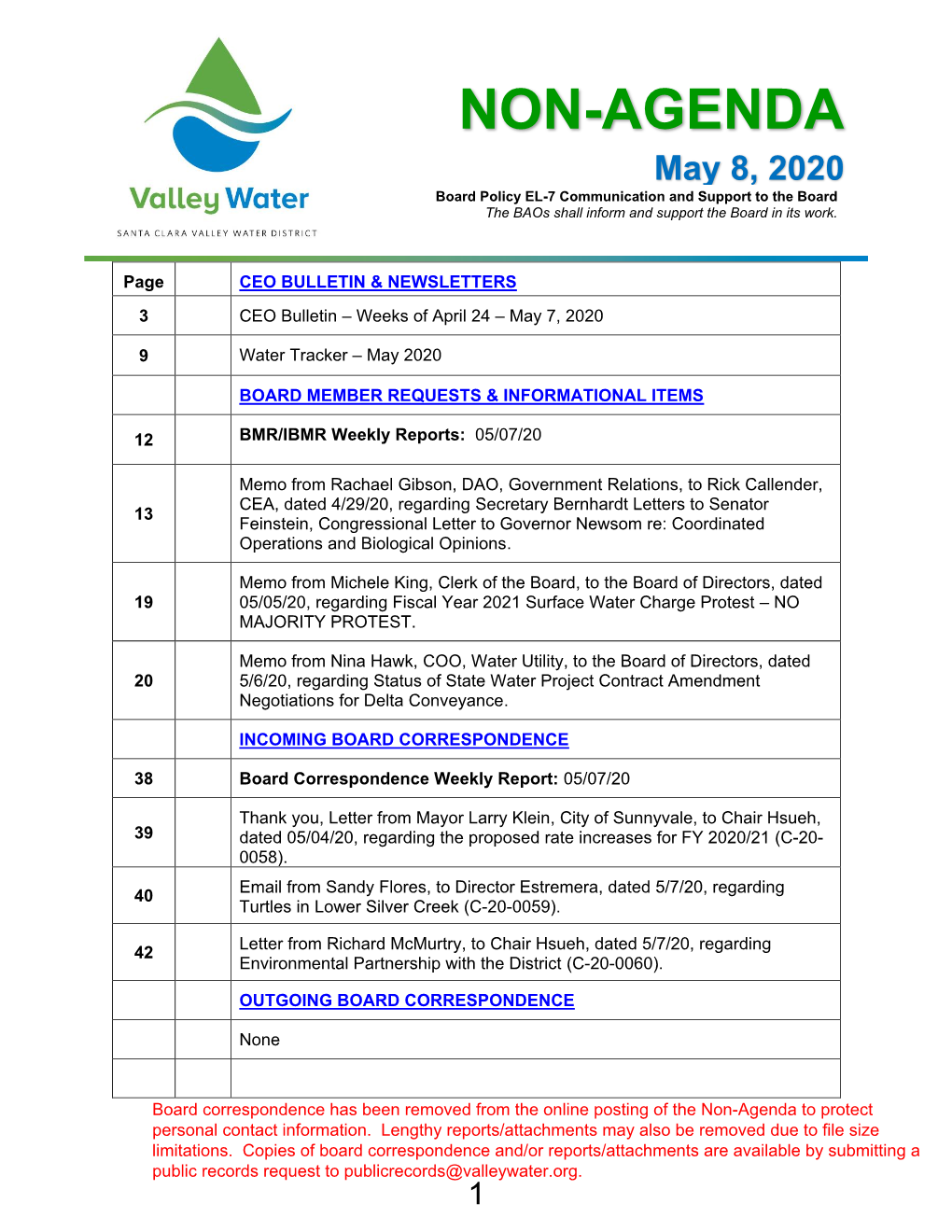 NON-AGENDA May 8, 2020 Board Policy EL-7 Communication and Support to the Board the Baos Shall Inform and Support the Board in Its Work