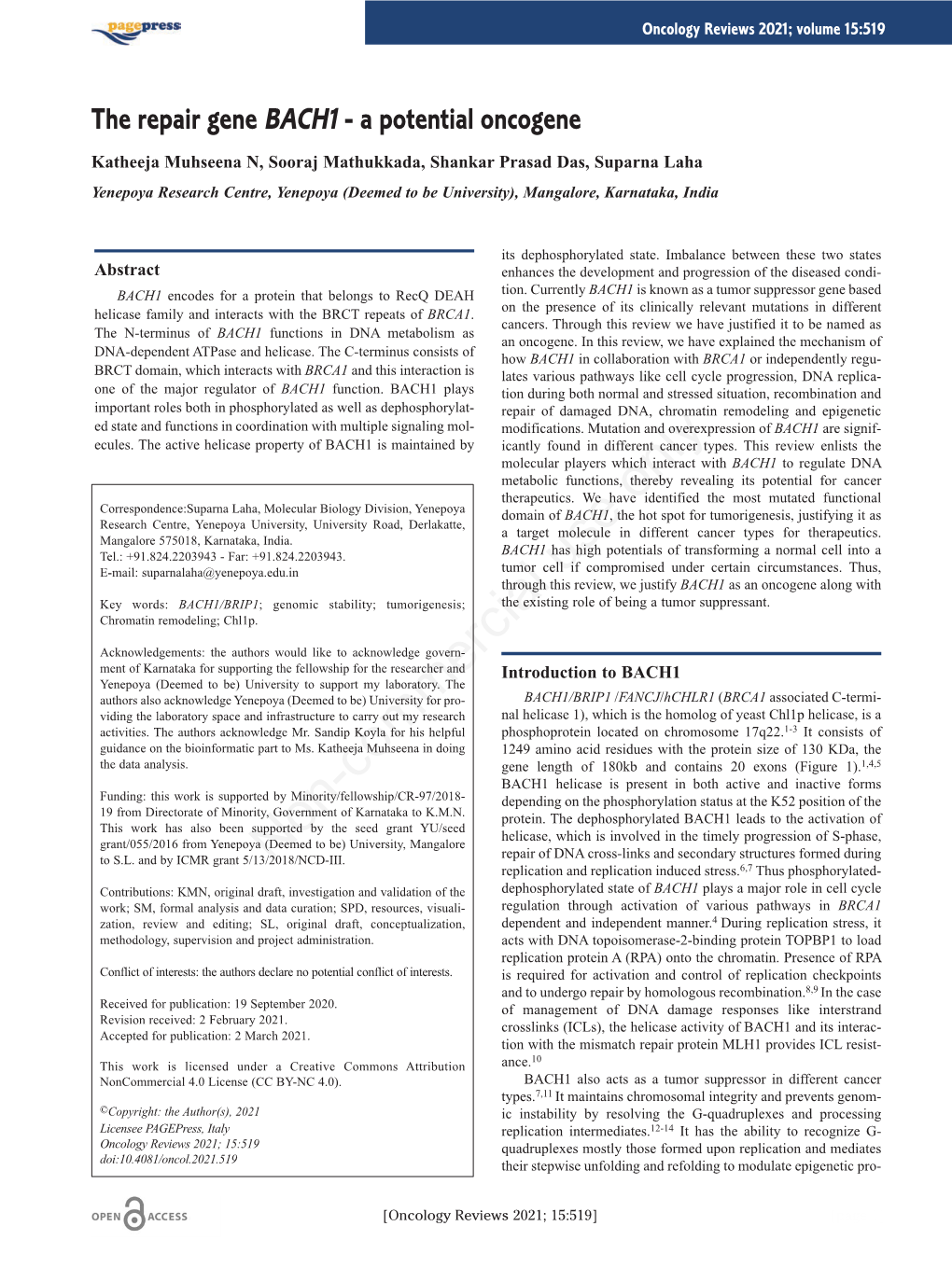 The Repair Gene BACH1 - a Potential Oncogene