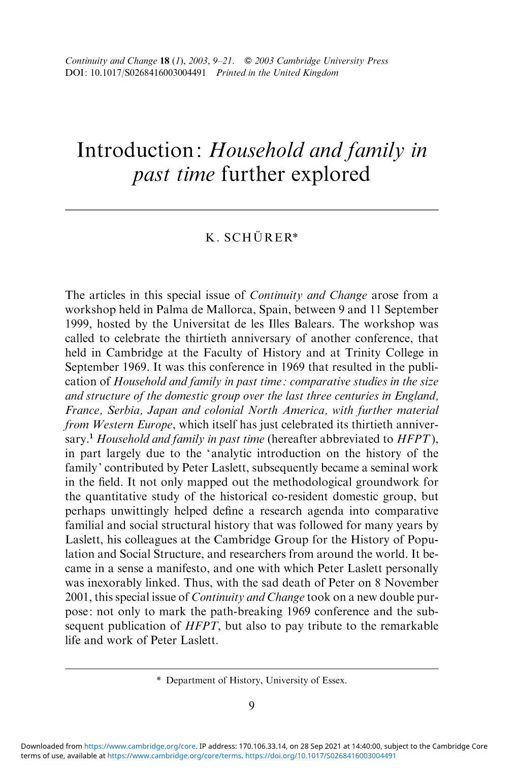 Introduction: Household and Family in Past Time Further Explored