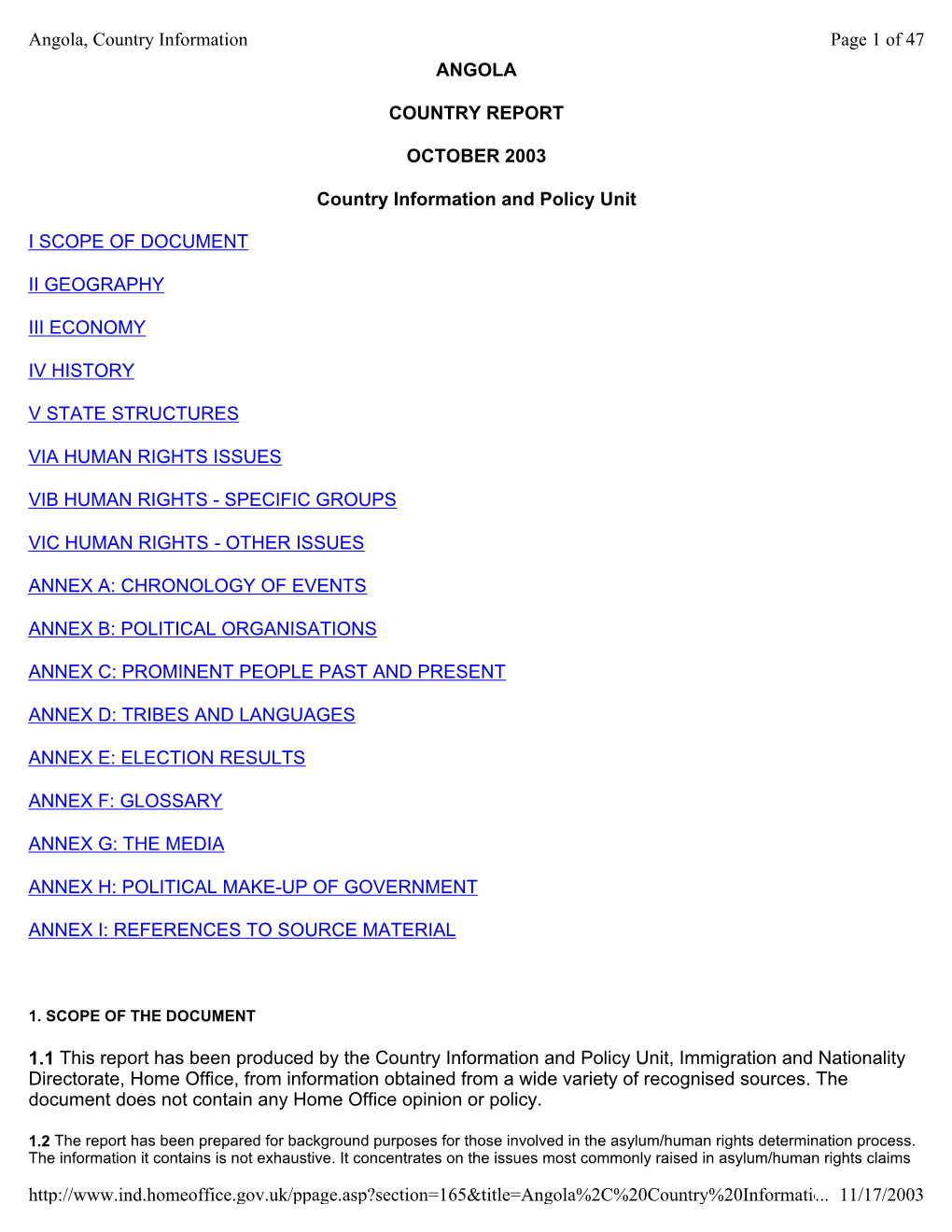 ANGOLA COUNTRY REPORT OCTOBER 2003 Country