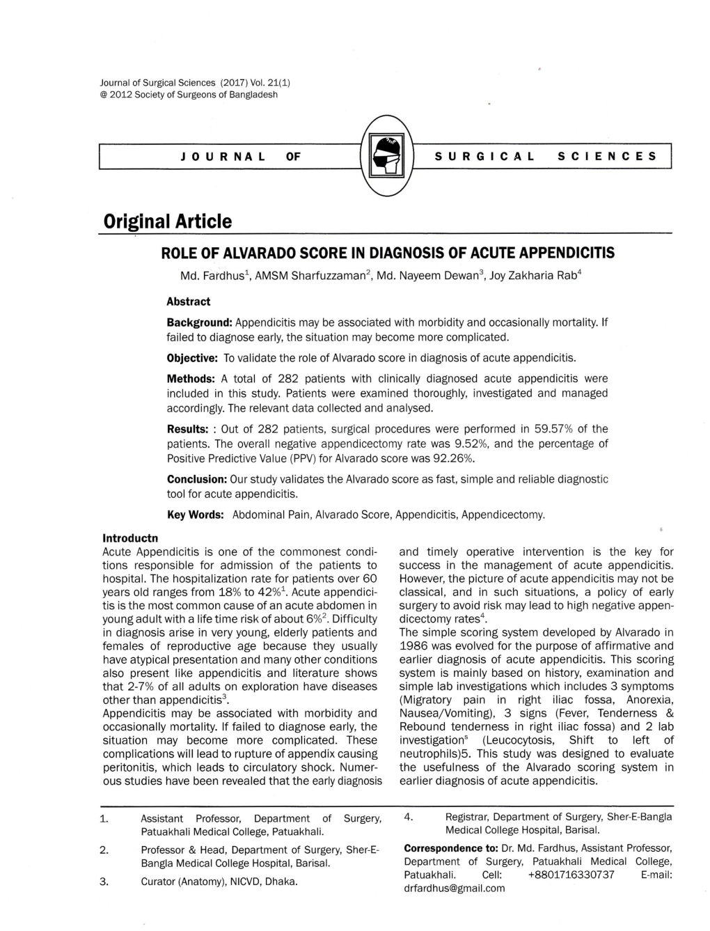 Role of Alvarado Score in Diagnosis of Acute Appendicitis