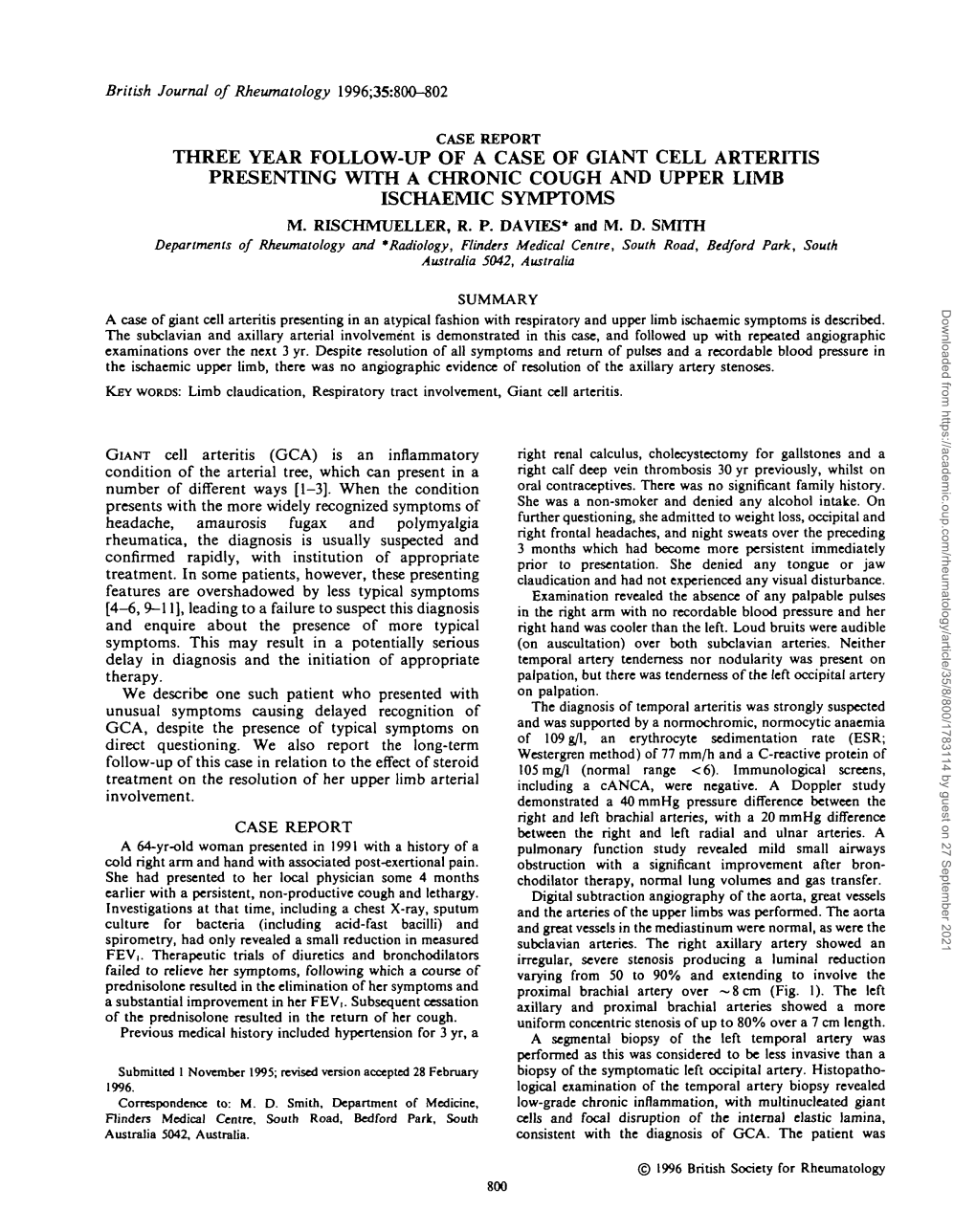 Three Year Follow-Up of a Case of Giant Cell Arteritis Presenting with a Chronic Cough and Upper Limb Ischaemic Symptoms M