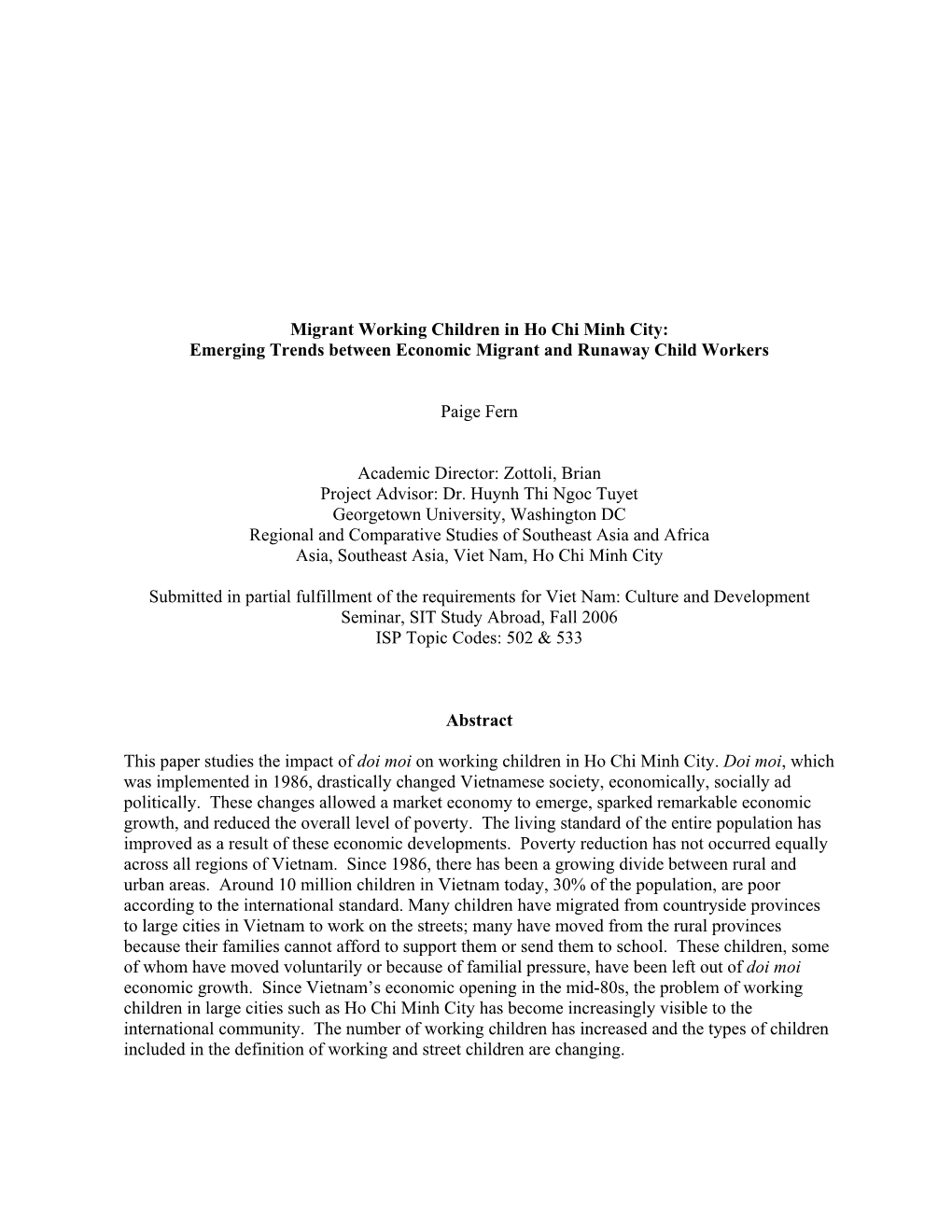 Migrant Working Children in Ho Chi Minh City: Emerging Trends Between Economic Migrant and Runaway Child Workers