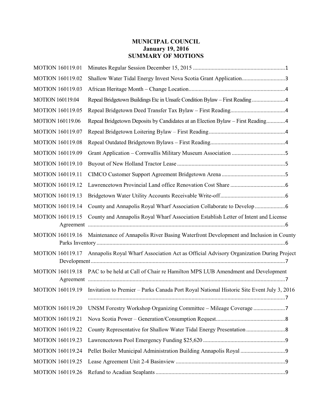 MUNICIPAL COUNCIL January 19, 2016 SUMMARY of MOTIONS