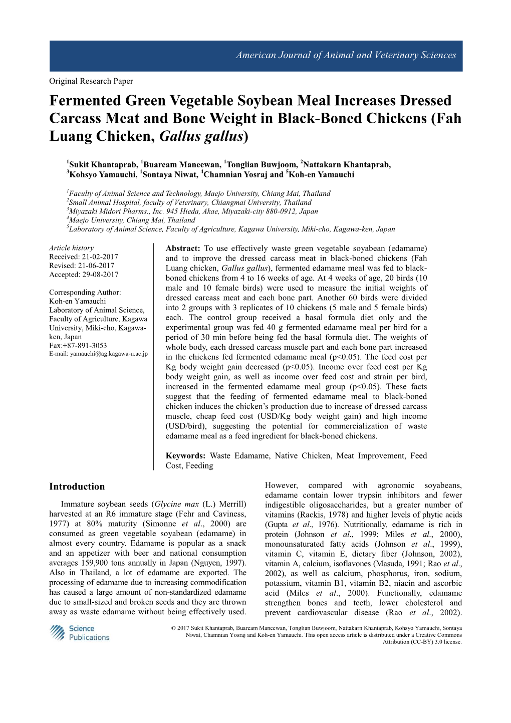 Fermented Green Vegetable Soybean Meal Increases Dressed Carcass Meat and Bone Weight in Black-Boned Chickens (Fah Luang Chicken, Gallus Gallus )