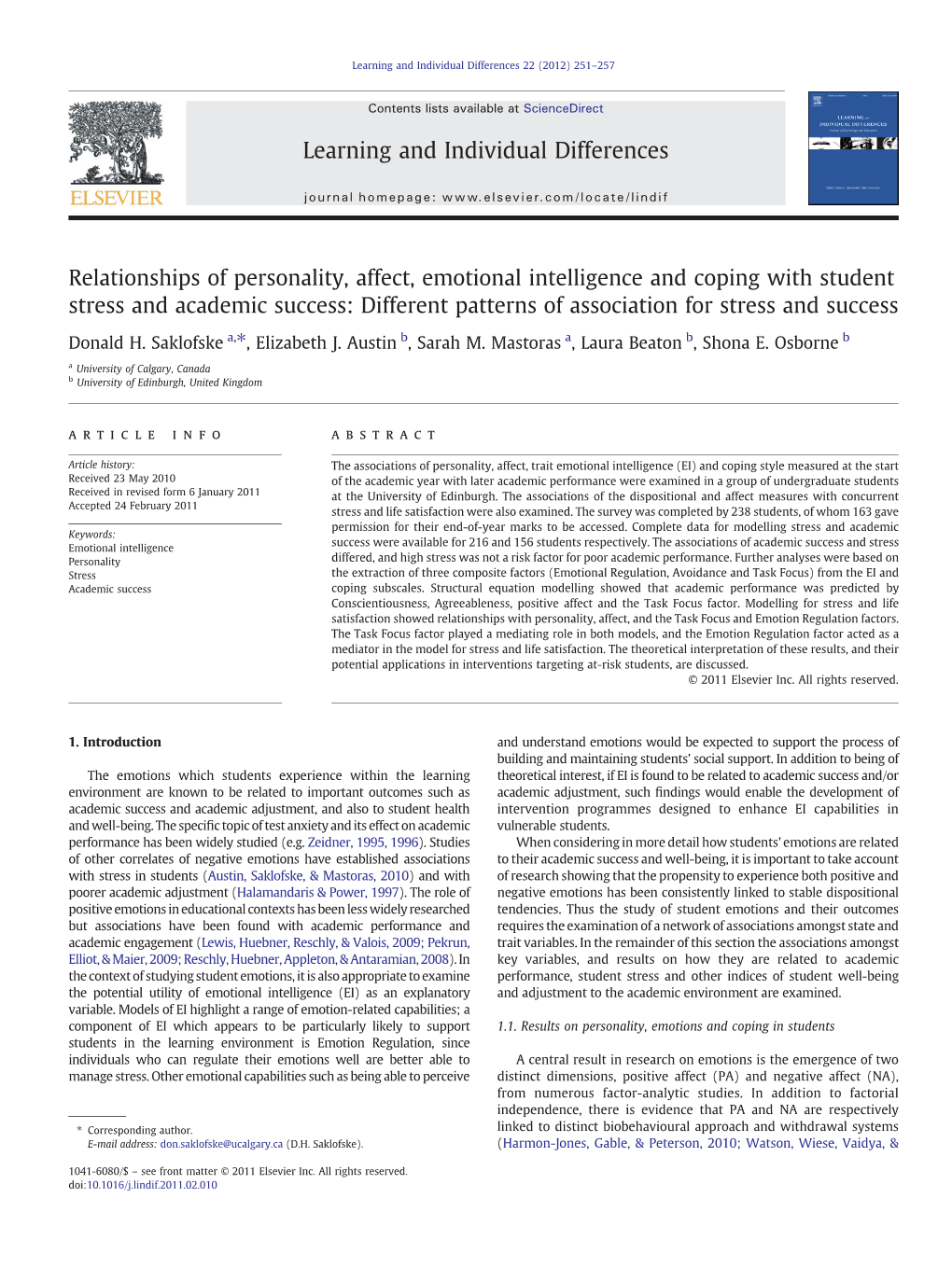 Relationships of Personality, Affect, Emotional Intelligence and Coping