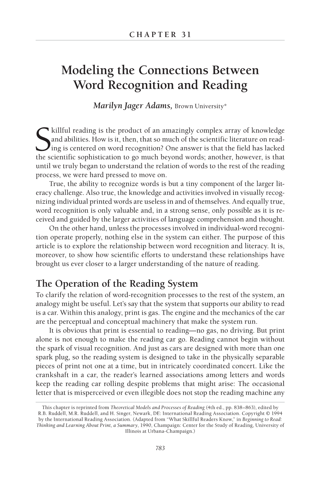 Adams, Modeling the Connections Between Word Recognition And