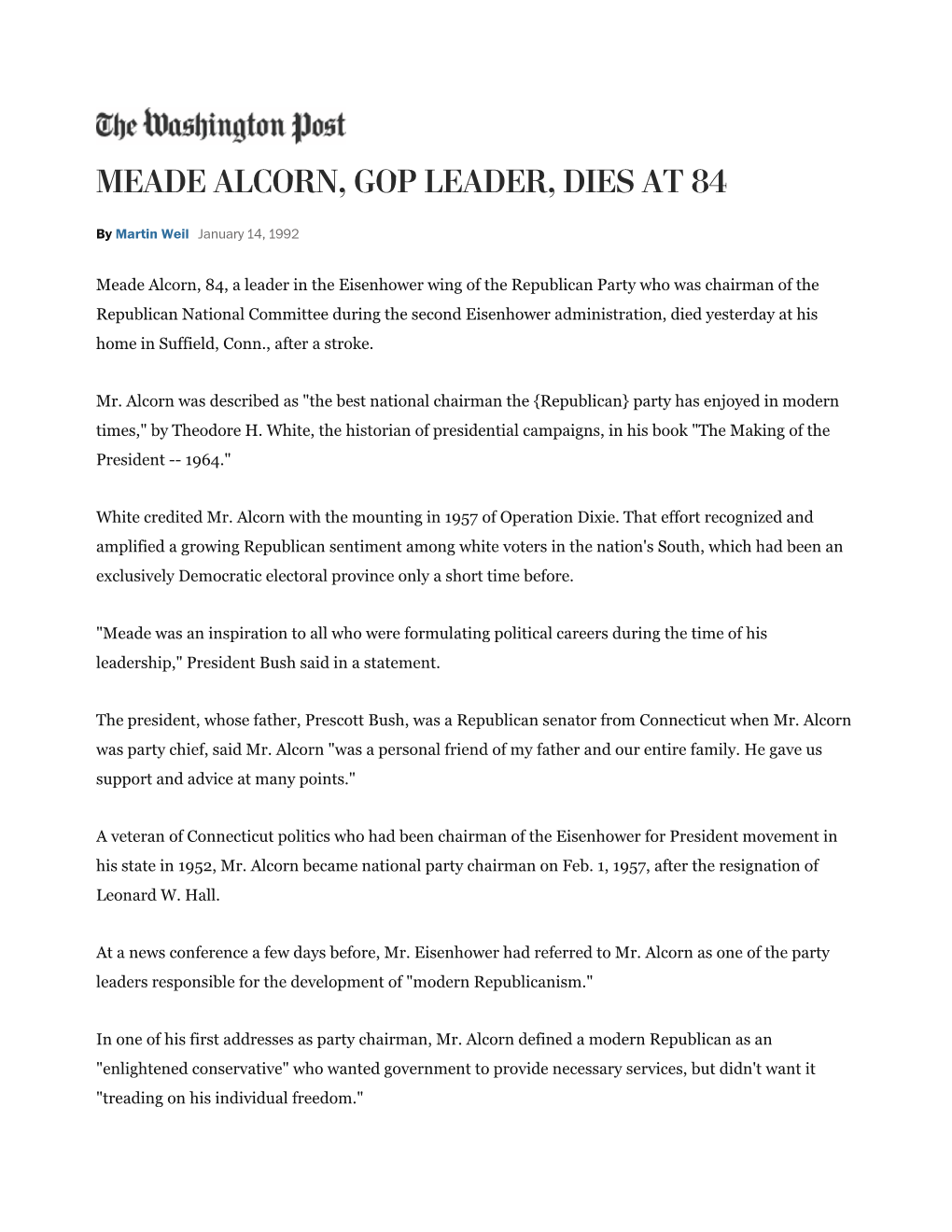 Meade Alcorn, Gop Leader, Dies at 84