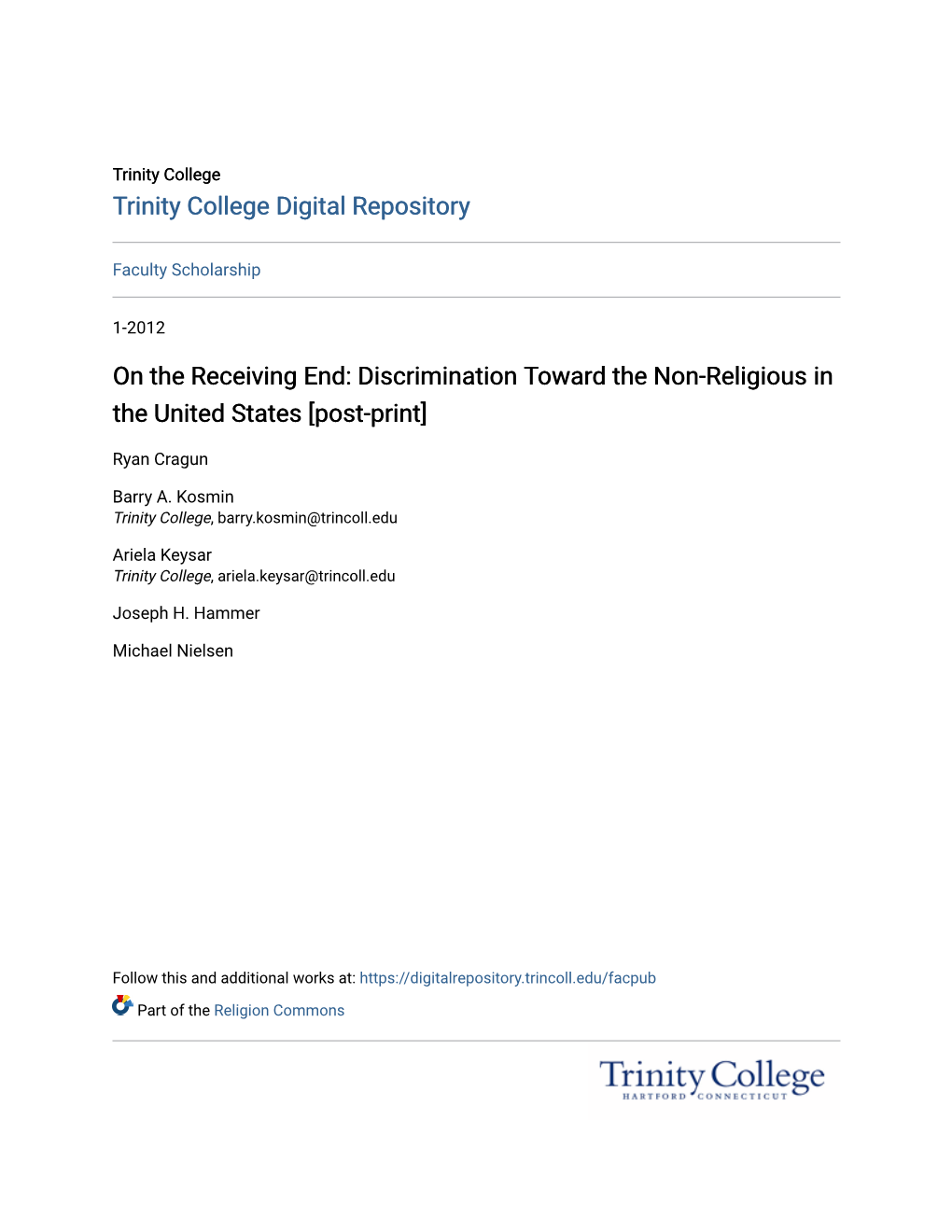 Discrimination Toward the Non-Religious in the United States [Post-Print]