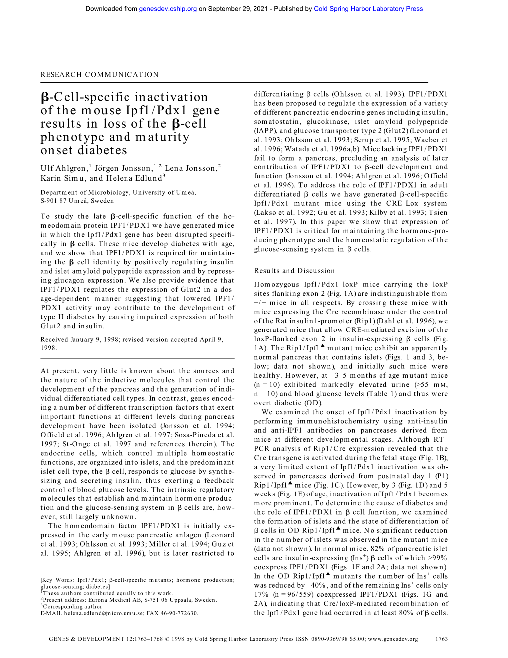 Я-Cell-Specific Inactivation of the Mouse Ipf1/Pdx1 Gene Results In