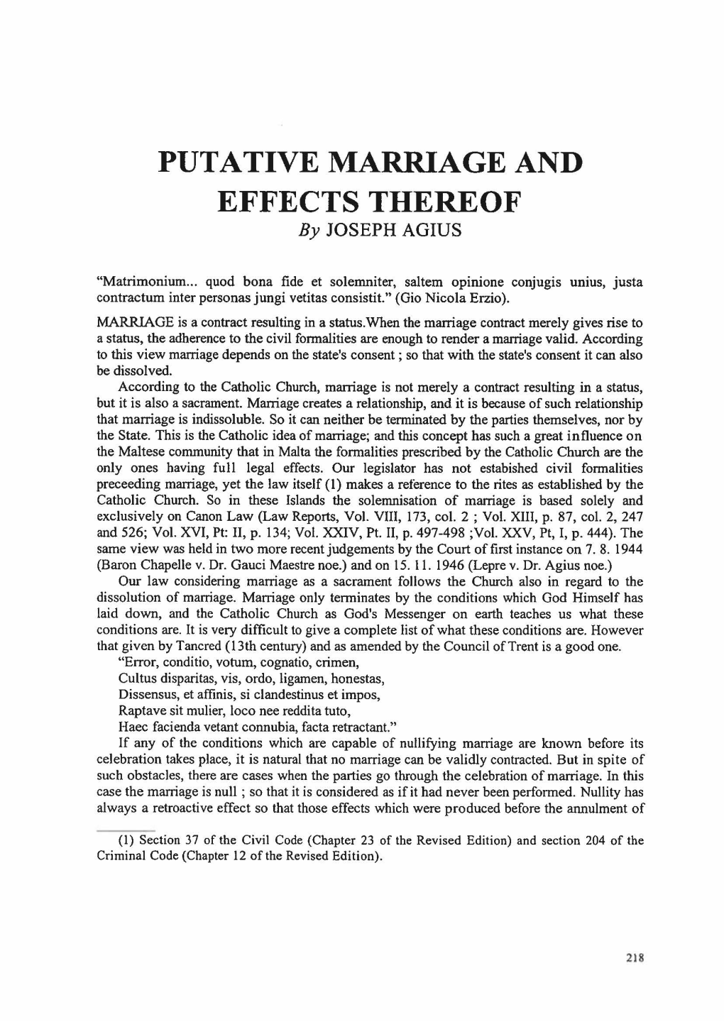 PUTATIVE MARRIAGE and EFFECTS THEREOF by JOSEPH AGIUS