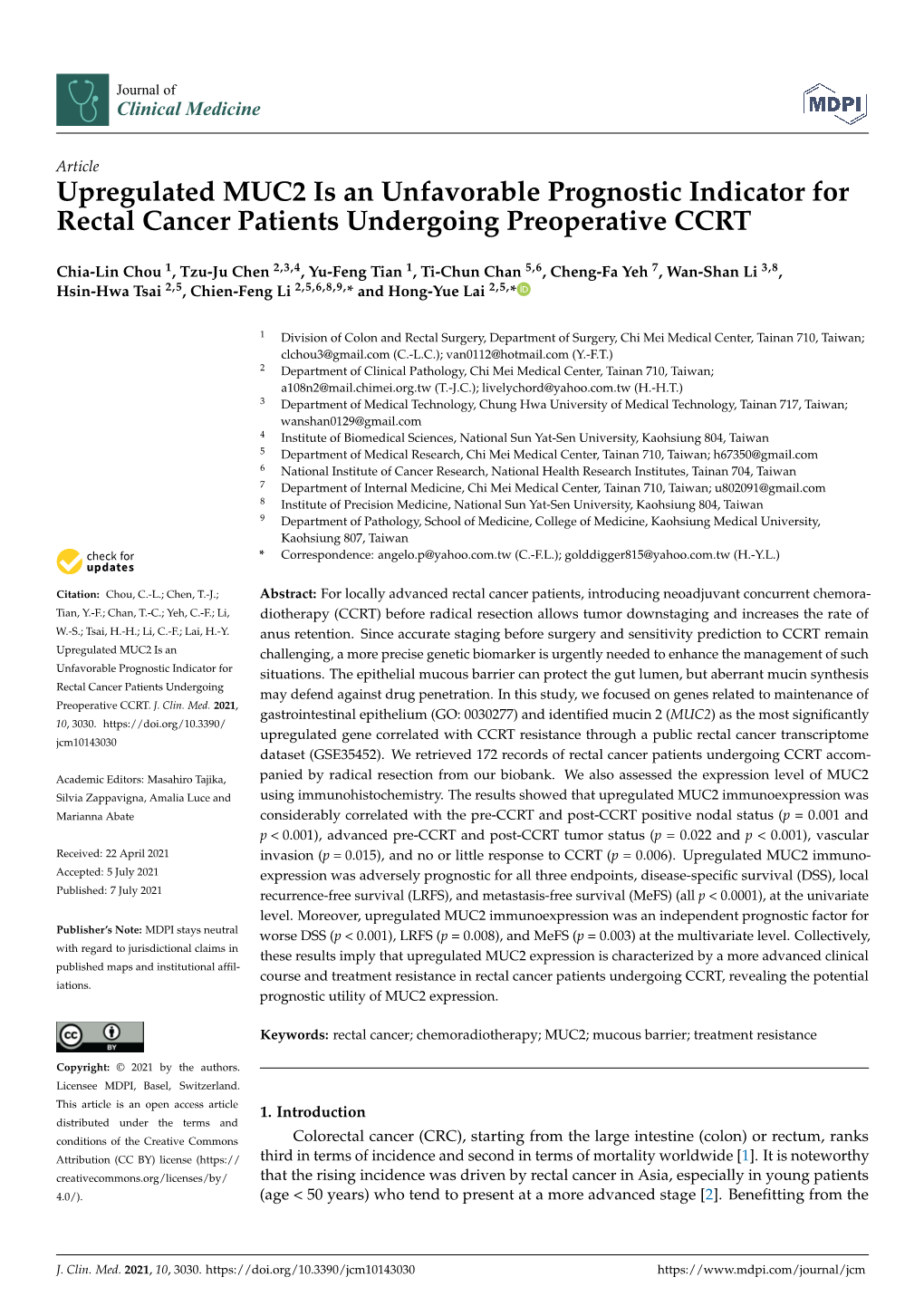 Upregulated MUC2 Is an Unfavorable Prognostic Indicator for Rectal Cancer Patients Undergoing Preoperative CCRT