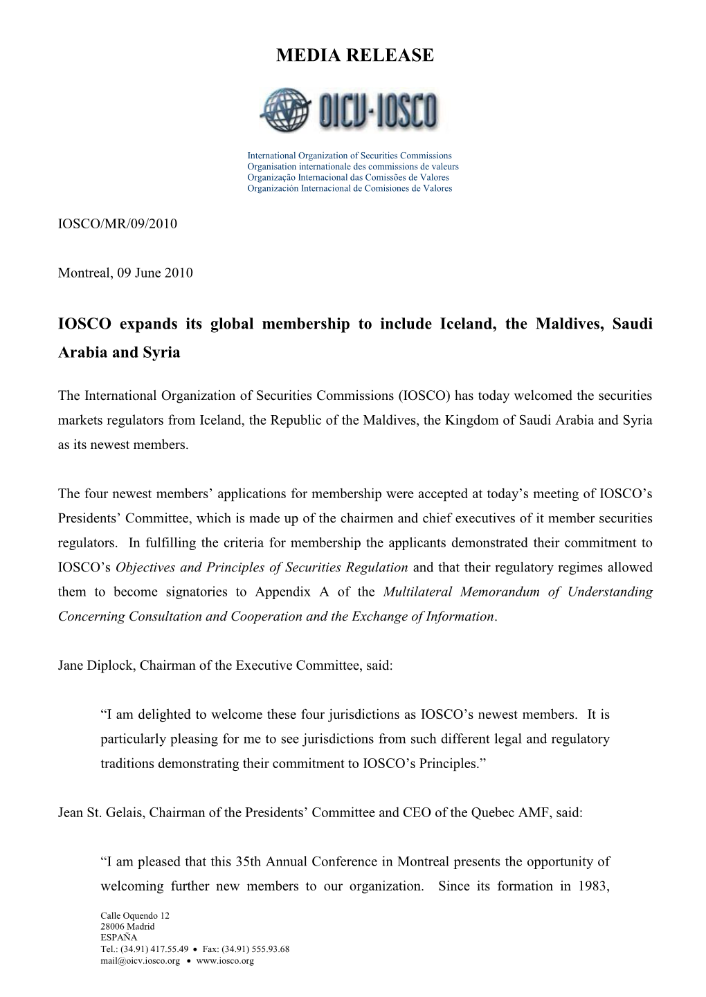 IOSCO Expands Its Global Membership to Include Iceland, the Maldives, Saudi Arabia and Syria