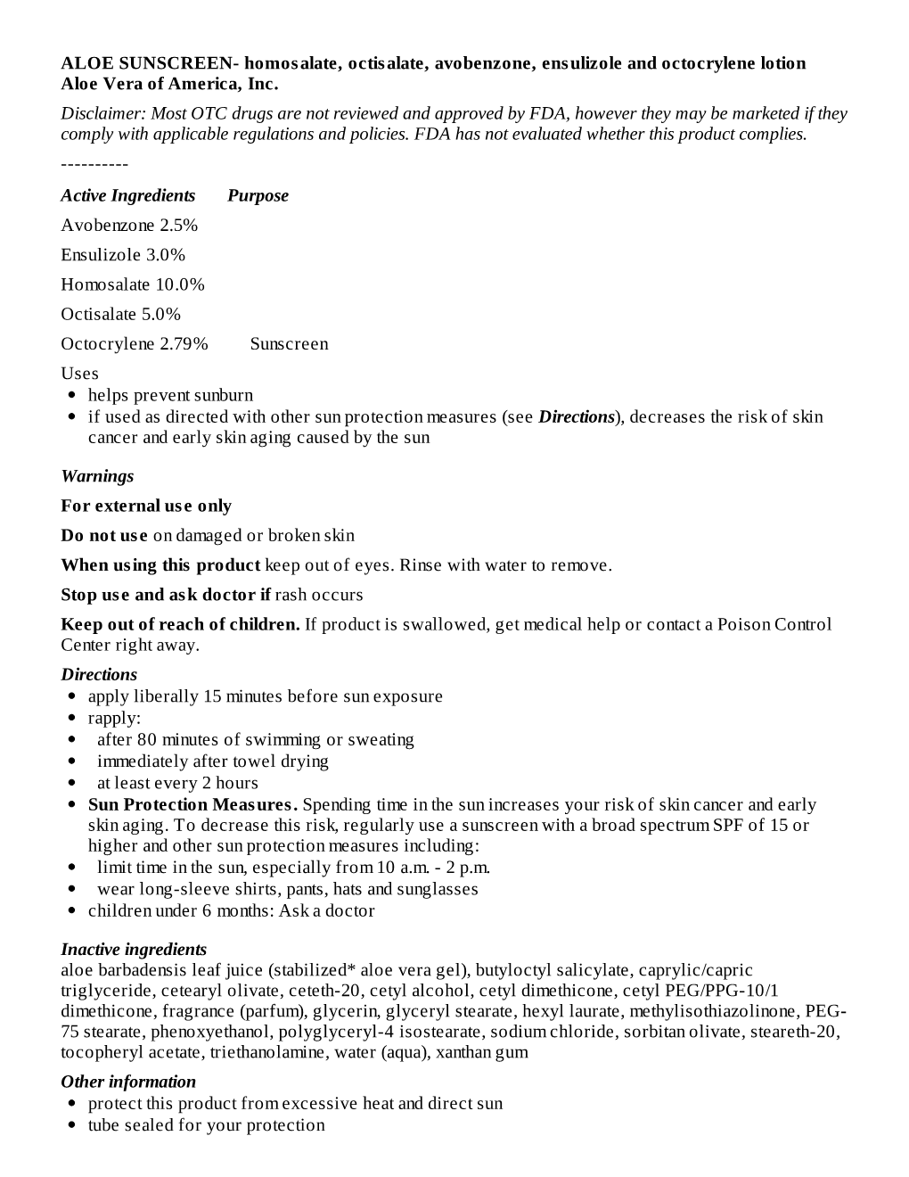 ALOE SUNSCREEN- Homosalate, Octisalate, Avobenzone, Ensulizole and Octocrylene Lotion Aloe Vera of America, Inc