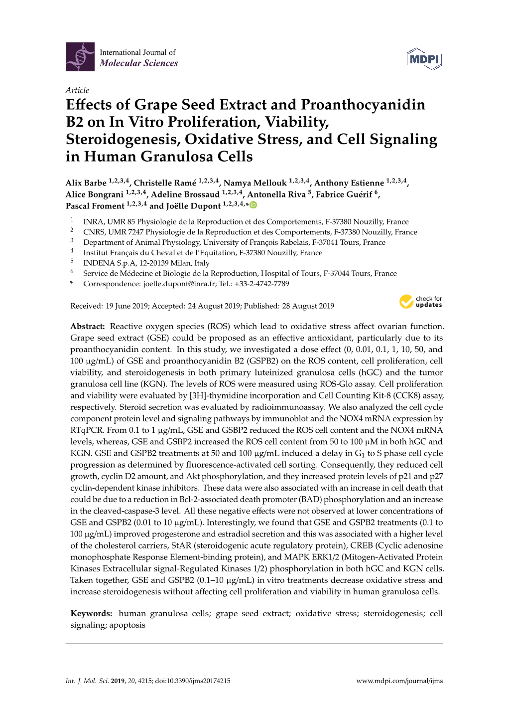 Effects of Grape Seed Extract and Proanthocyanidin B2 on in Vitro Proliferation, Viability, Steroidogenesis, Oxidative Stress, A