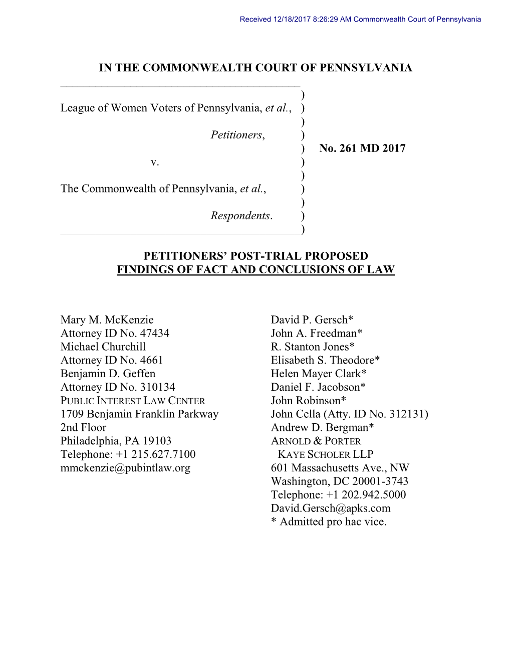 League of Women Voters of Pennsylvania, Et Al.,) ) Petitioners, ) ) No