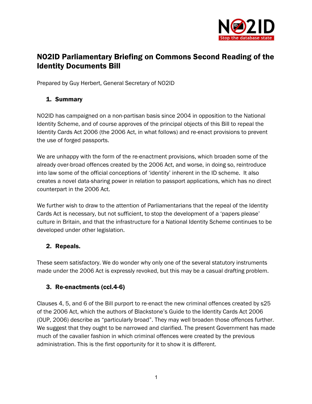 NO2ID Parliamentary Briefing on Commons Second Reading of the Identity Documents Bill