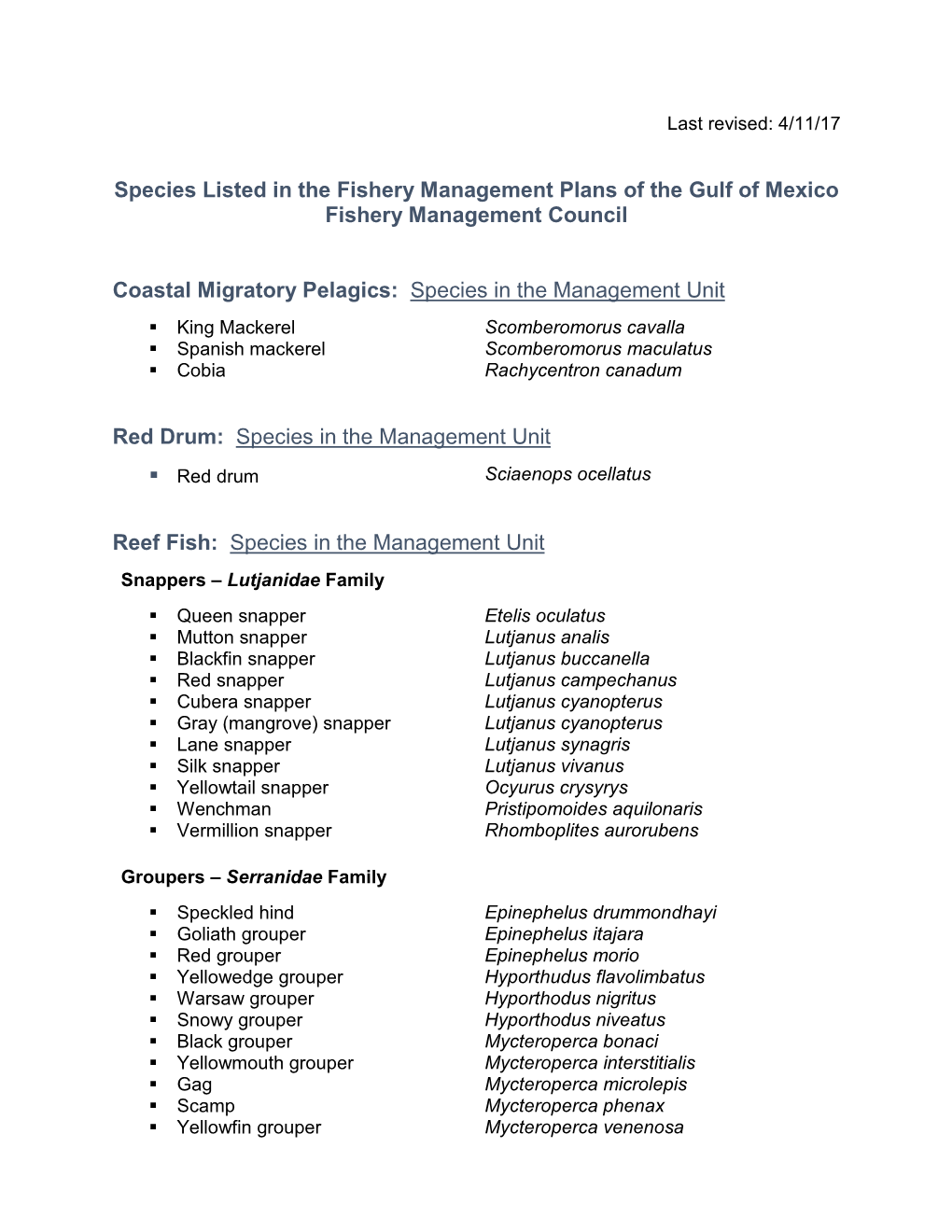 Species Listed in the Fishery Management Plans of the Gulf of Mexico Fishery Management Council