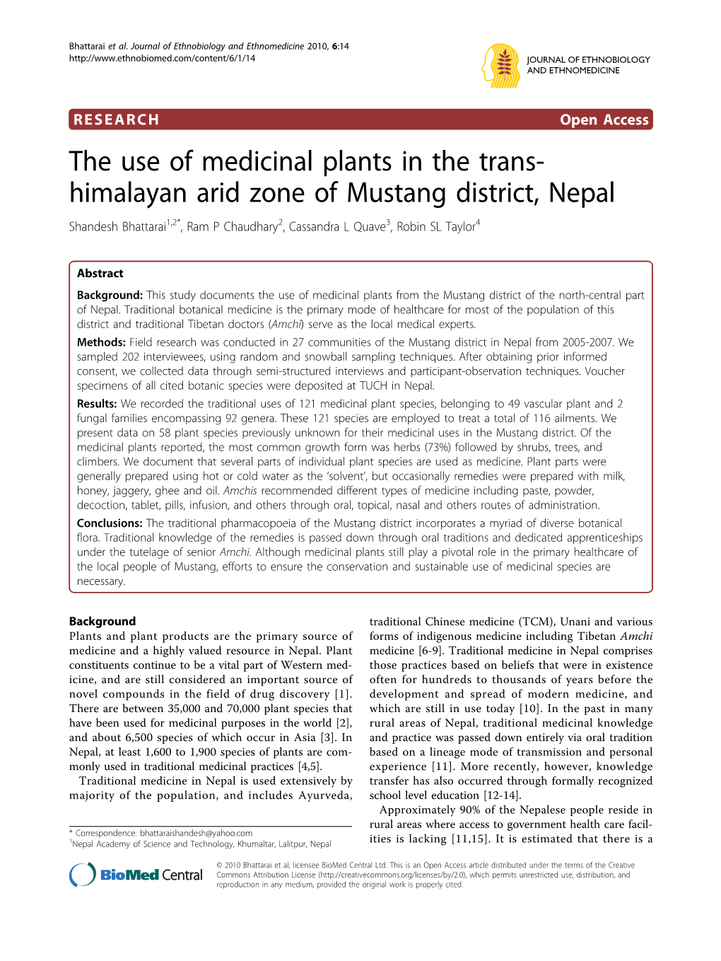 The Use of Medicinal Plants in the Trans- Himalayan Arid Zone Of