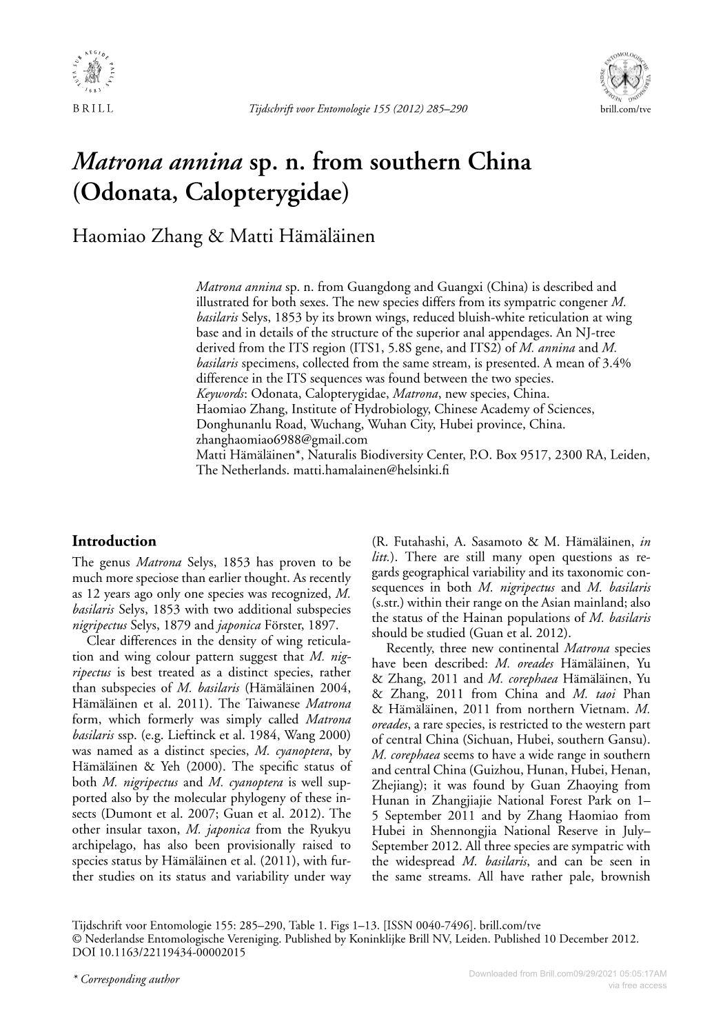 Matrona Annina Sp. N. from Southern China (Odonata, Calopterygidae) 287