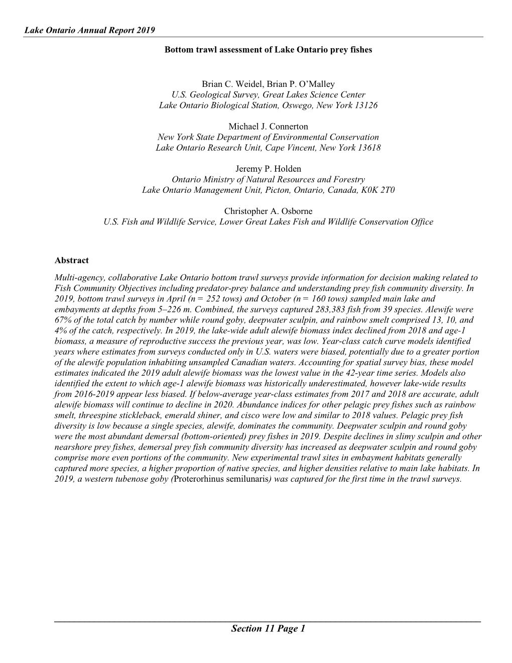 Bottom Trawl Assessment of Lake Ontario Prey Fishes, 2019