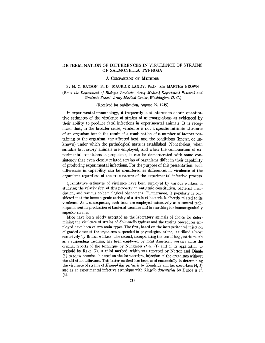 Determination of Differences in Virulence of Strains of Salmonella Typhosa