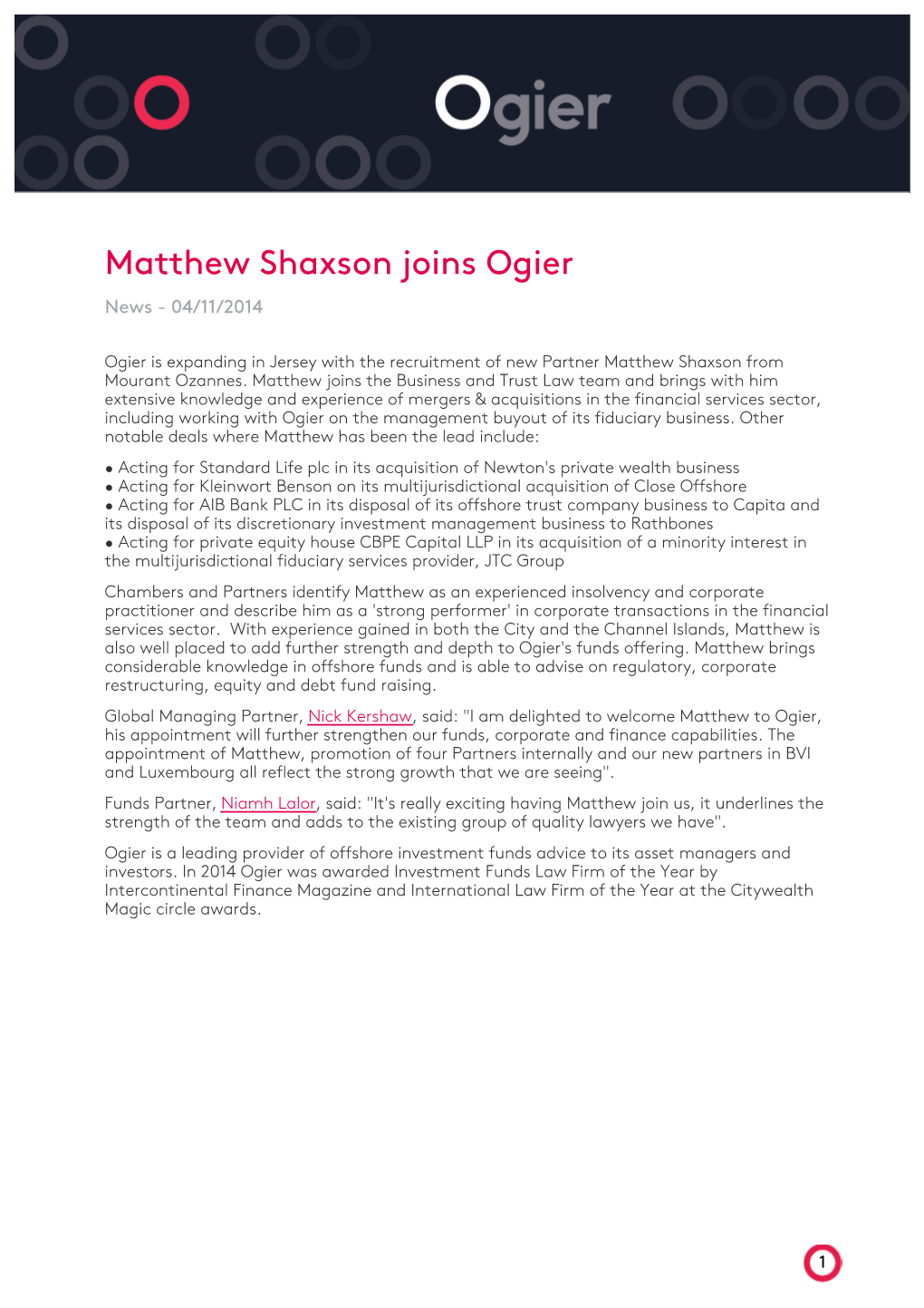 Matthew Shaxson Joins Ogier News - 04/11/2014