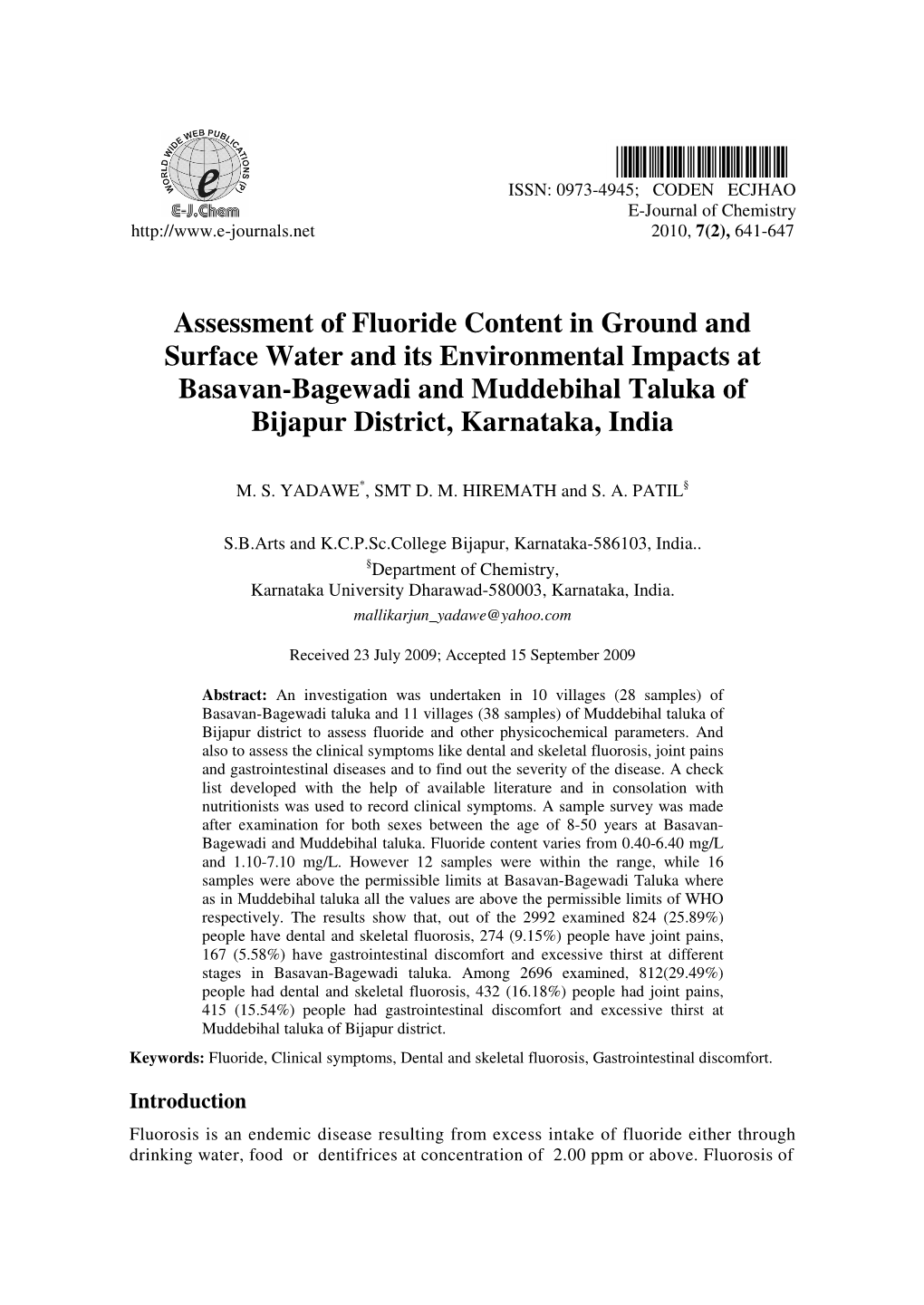 Assessment of Fluoride Content in Ground and Surface Water and Its