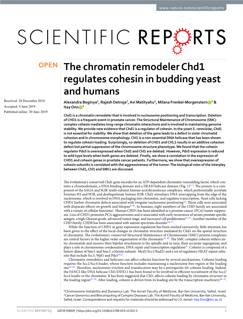 The Chromatin Remodeler Chd1 Regulates Cohesin in Budding Yeast