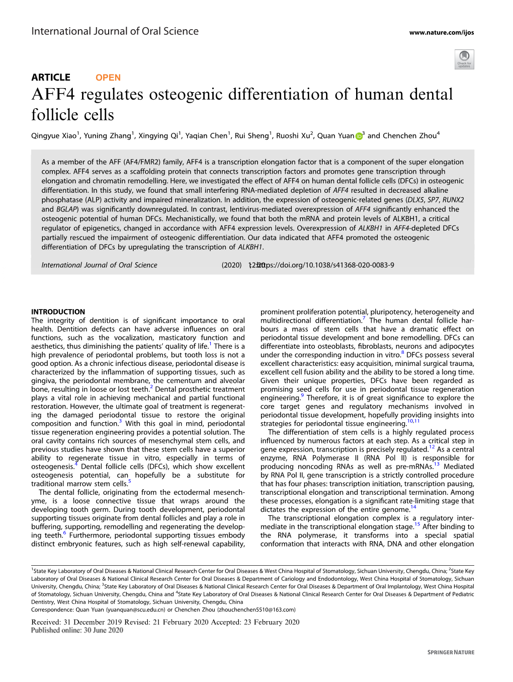 AFF4 Regulates Osteogenic Differentiation of Human Dental Follicle Cells