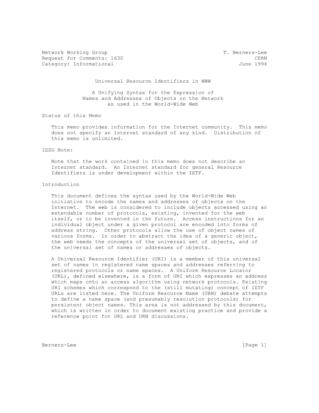 Network Working Group T. Berners-Lee Request for Comments: 1630 CERN Category: Informational June 1994