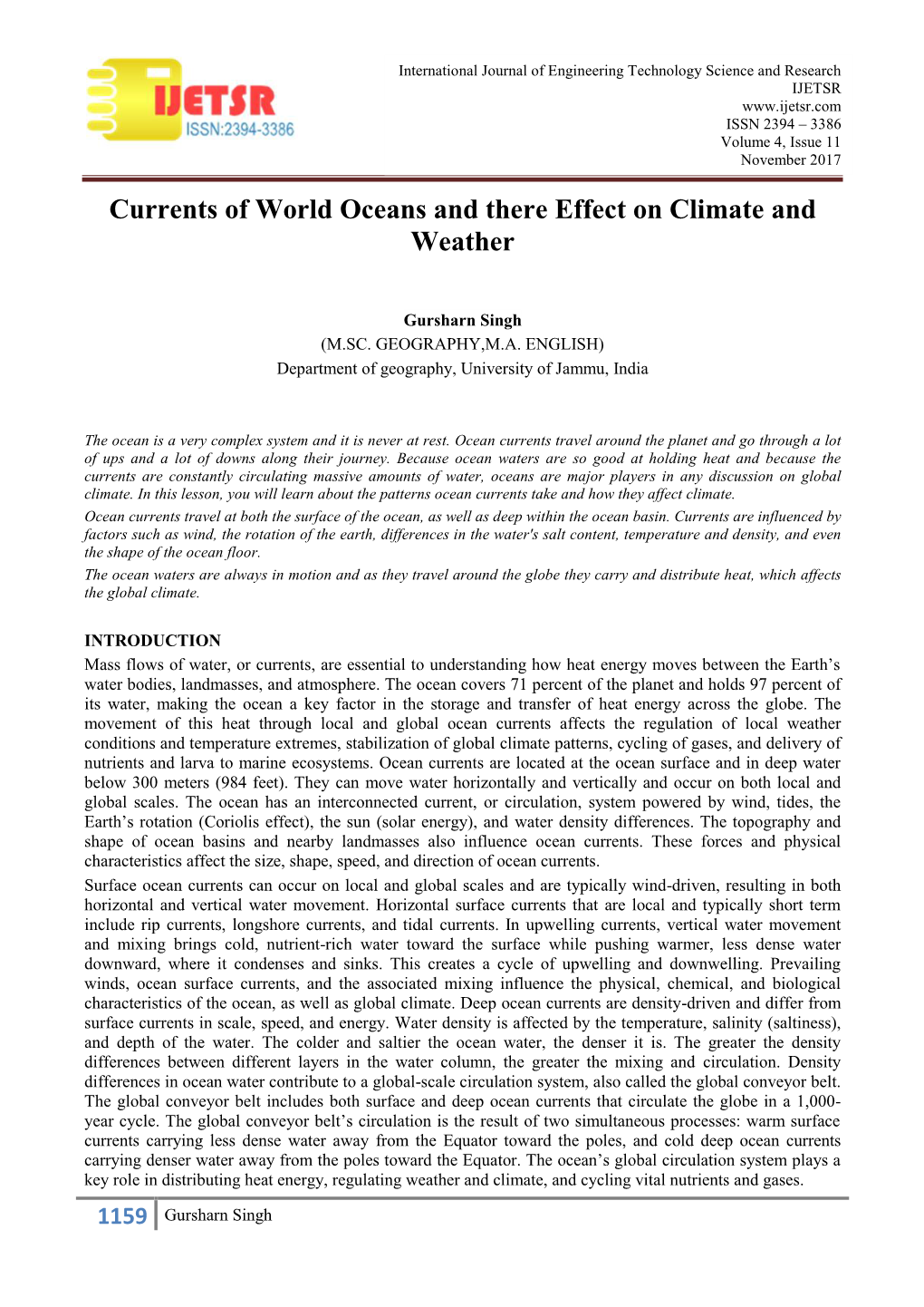 Currents of World Oceans and There Effect on Climate and Weather