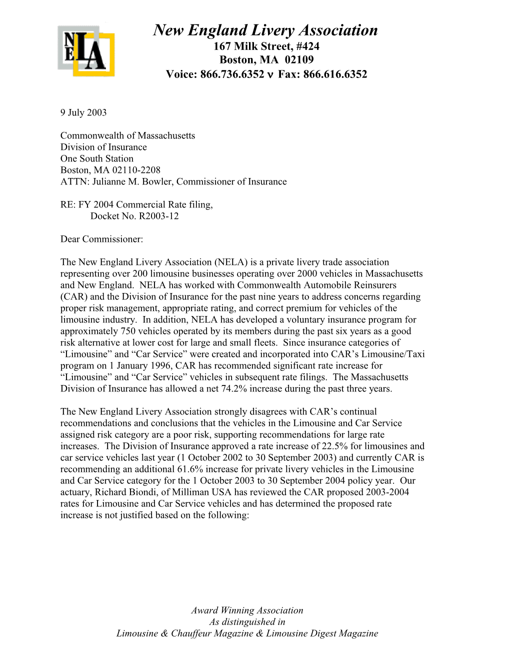 2003-2004 Commercial Rate Filing, Docket No. R2003-12