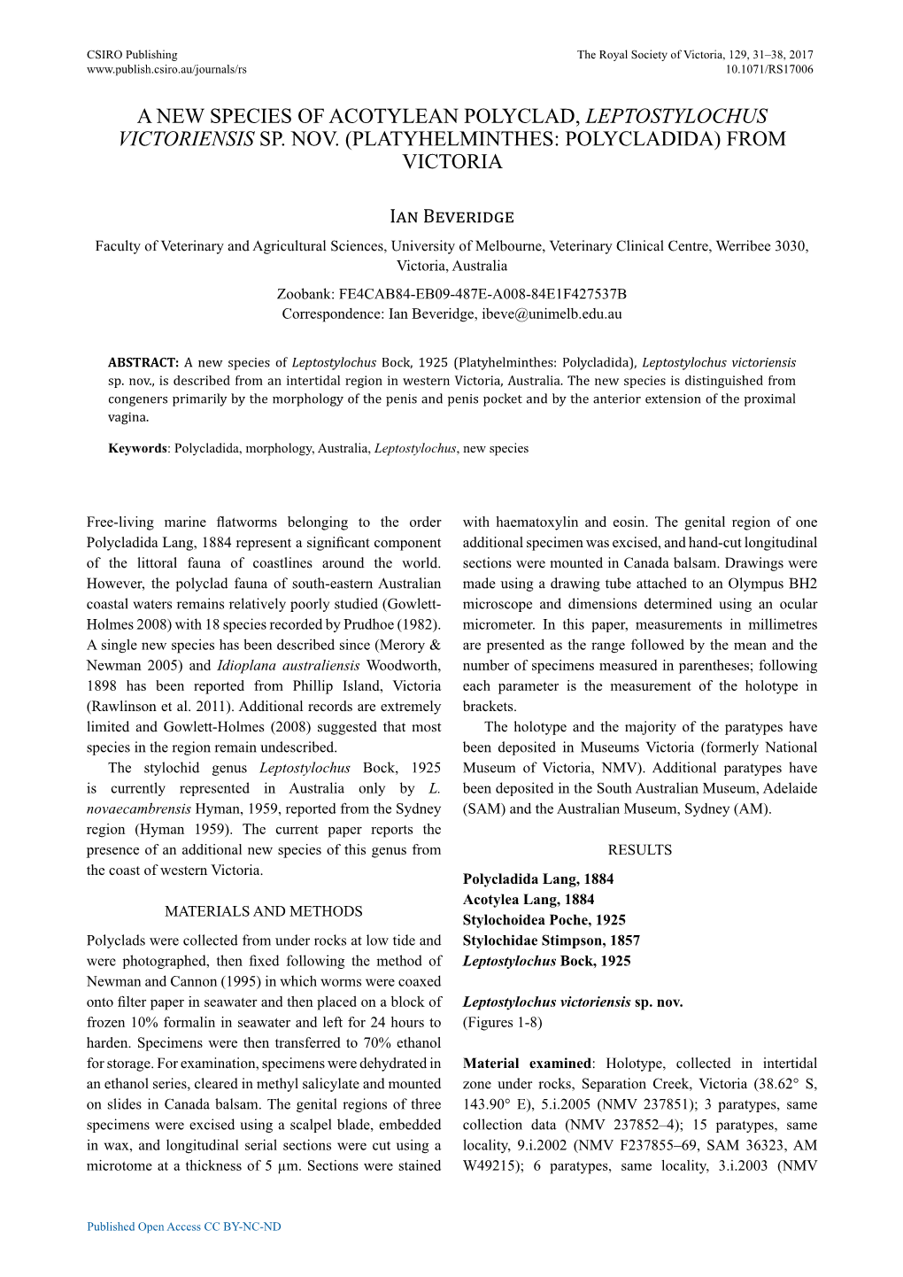 A New Species of Acotylean Polyclad, Leptostylochus Victoriensis Sp. Nov. (Platyhelminthes: Polycladida) from Victoria