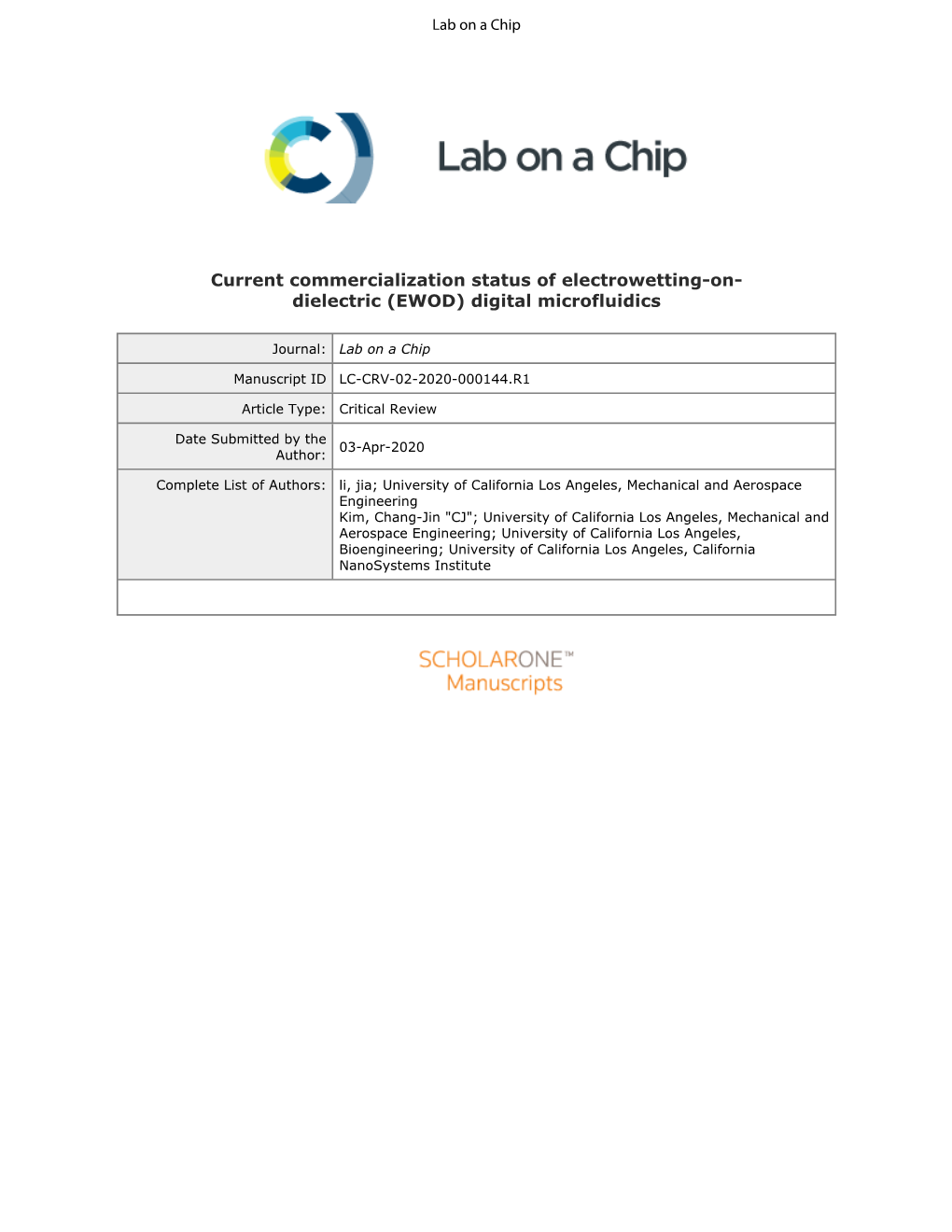 Current Commercialization Status of Electrowetting-On- Dielectric (EWOD) Digital Microfluidics