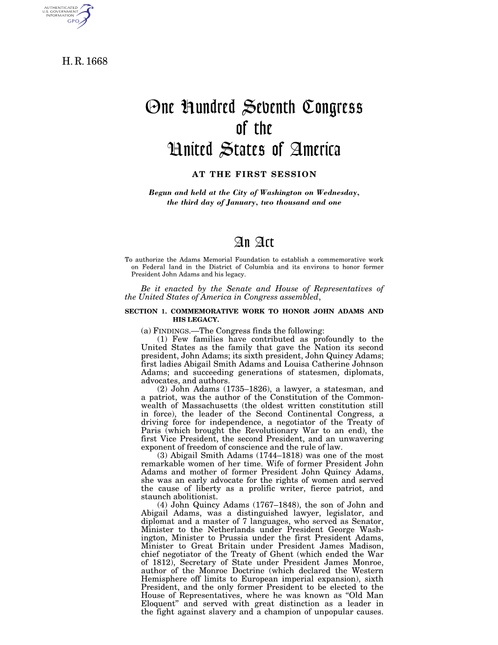 One Hundred Seventh Congress of the United States of America