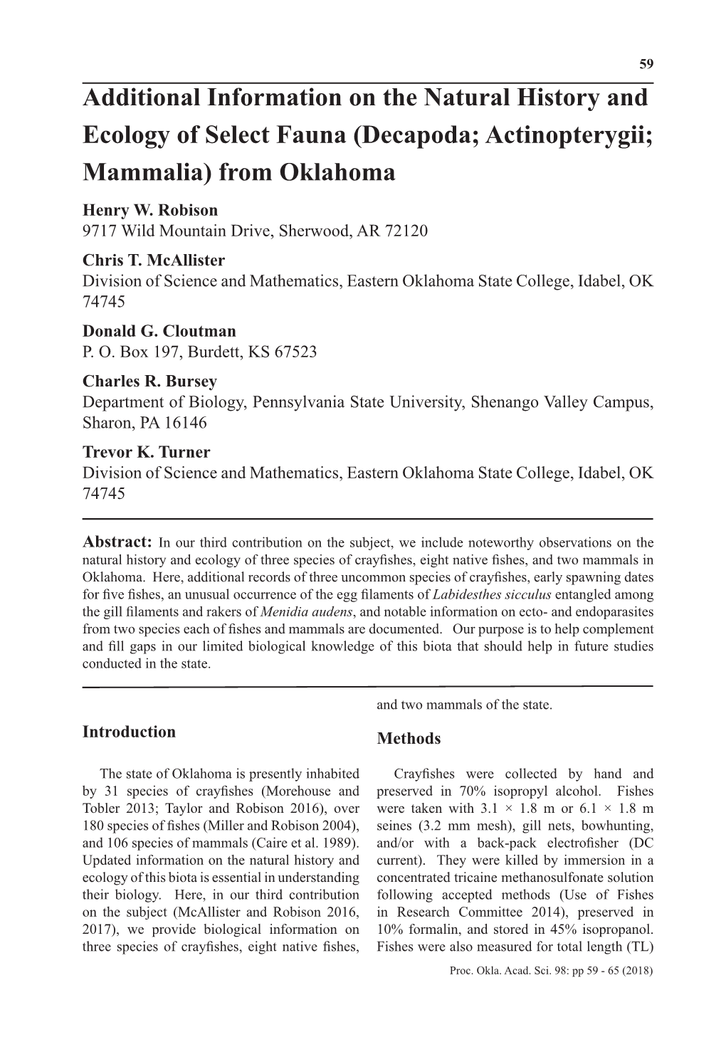 Decapoda; Actinopterygii; Mammalia) from Oklahoma Henry W