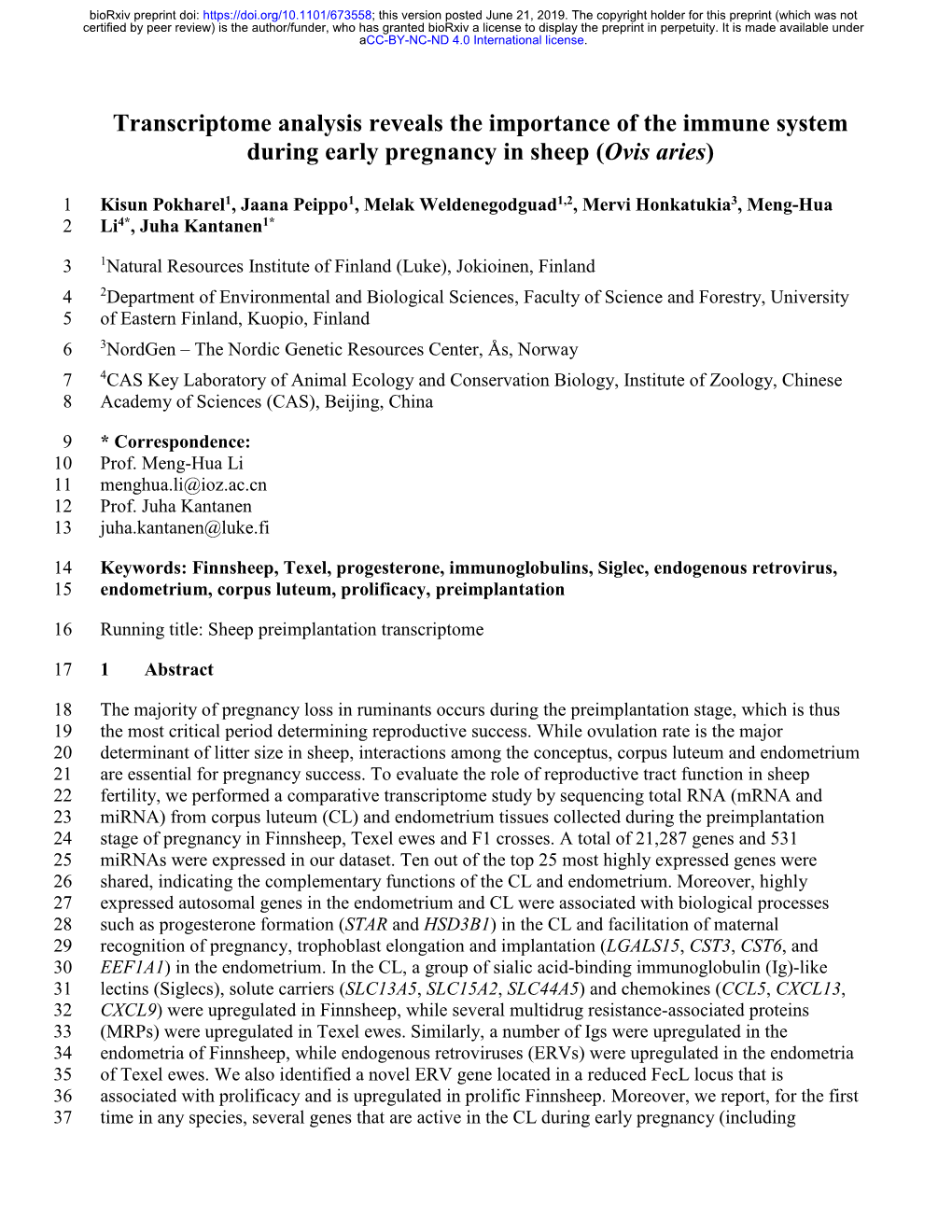 Transcriptome Analysis Reveals the Importance of the Immune System During Early Pregnancy in Sheep (Ovis Aries)