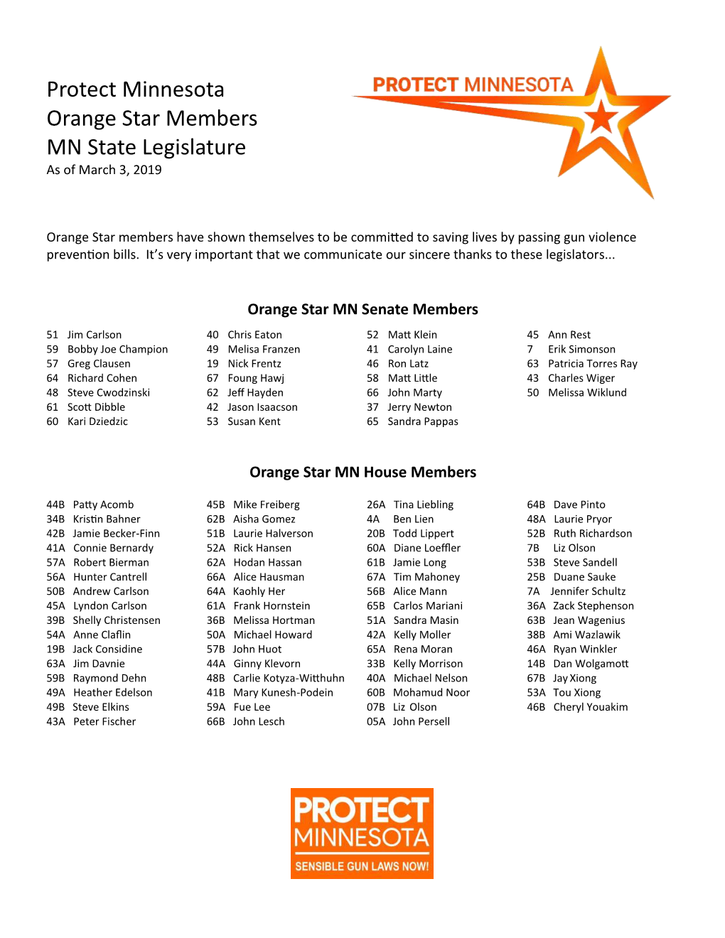 Protect Minnesota Orange Star Members MN State Legislature As of March 3, 2019