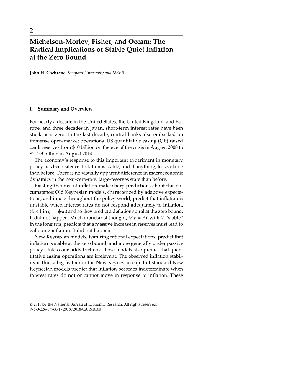 2 Michelson- Morley, Fisher, and Occam: the Radical Implications of Stable Quiet Inﬂation at the Zero Bound