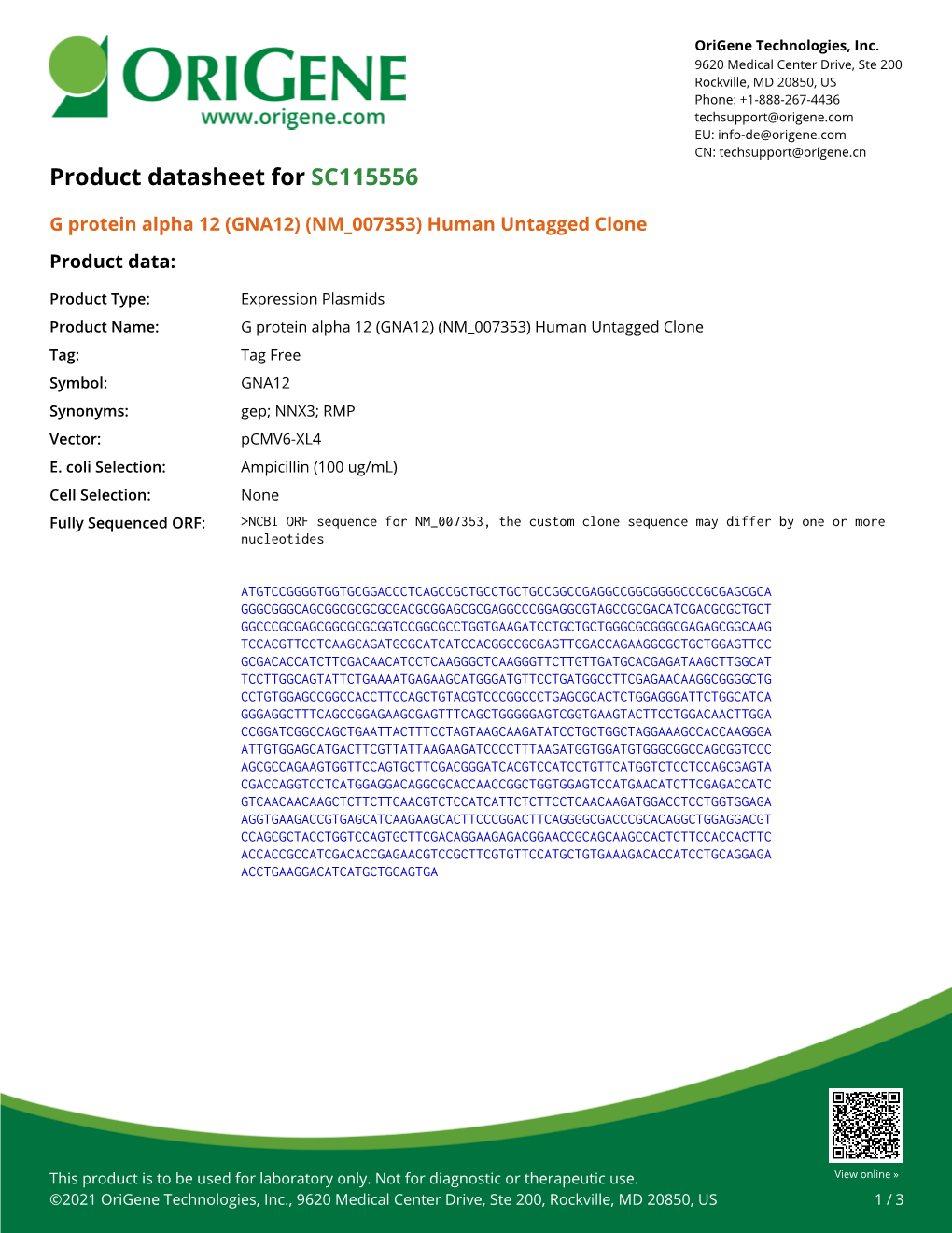 G Protein Alpha 12 (GNA12) (NM 007353) Human Untagged Clone Product Data