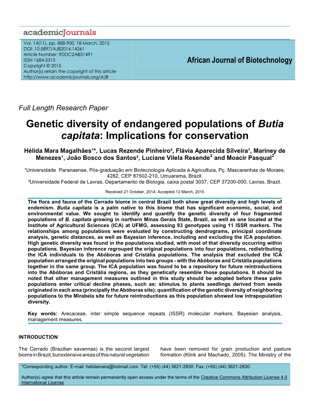 Genetic Diversity of Populations of Butia Capitata Endangered