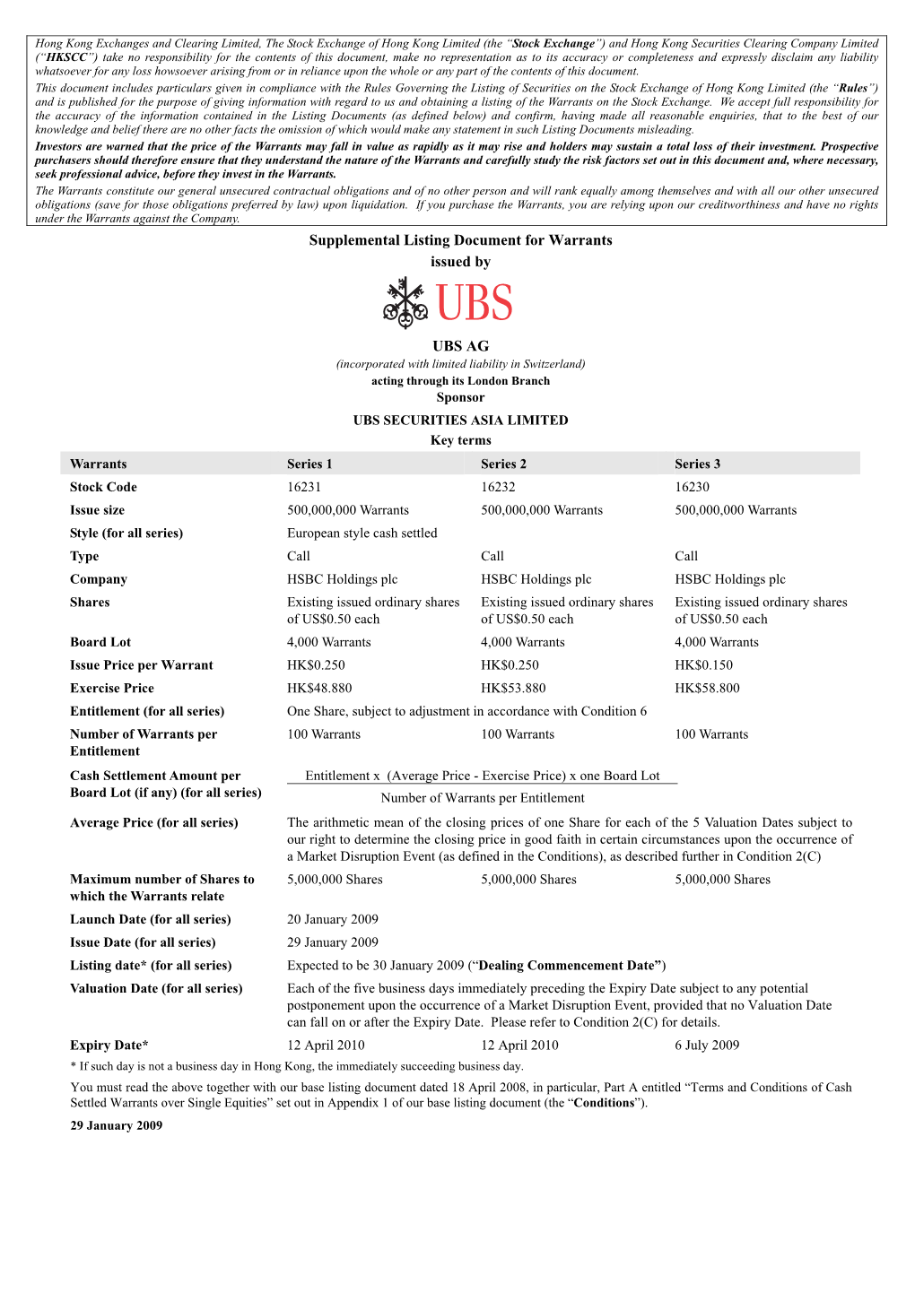 Supplemental Listing Document for Warrants Issued By