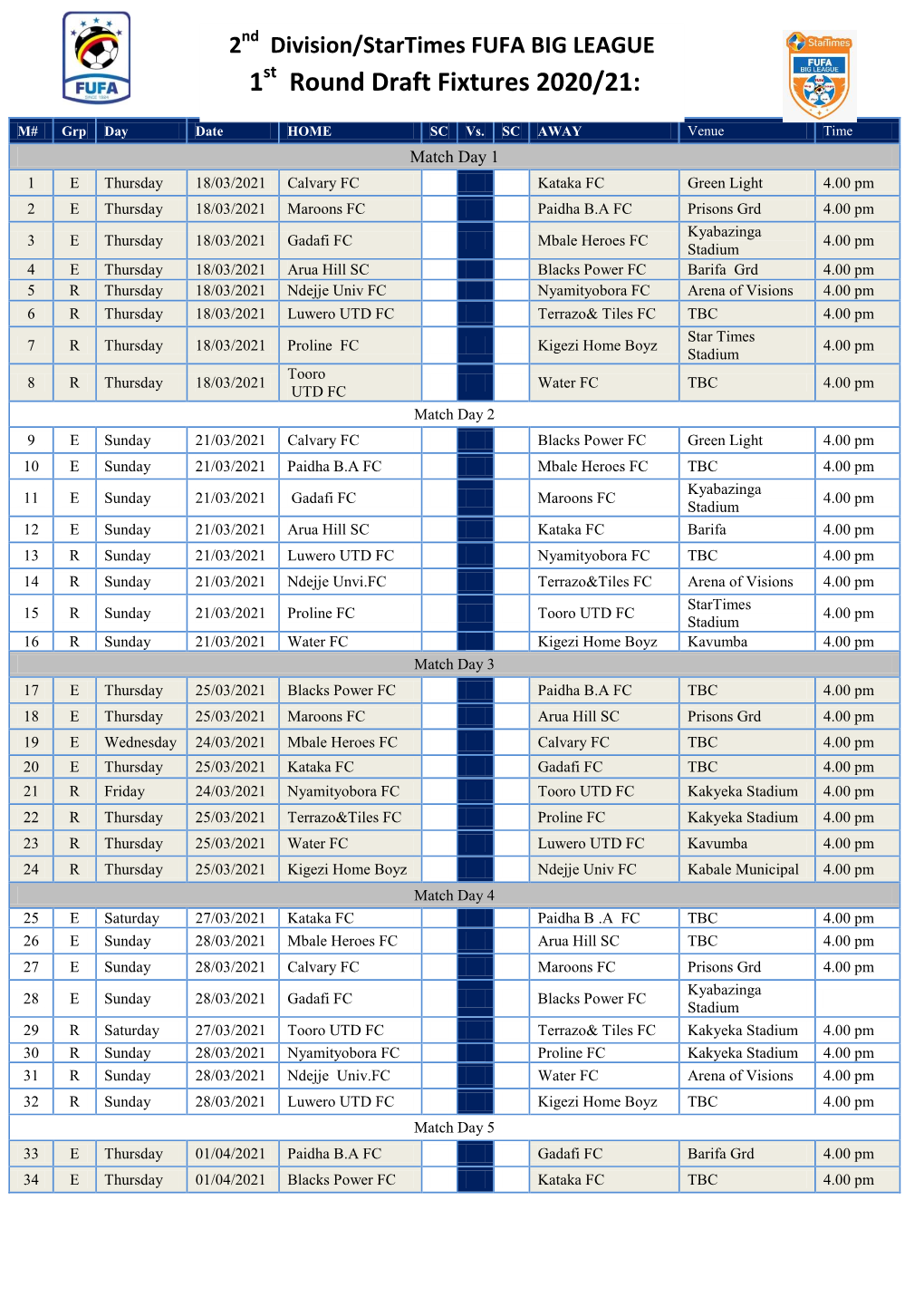 Startimes Fufa Big League Draft Fixtures 2021