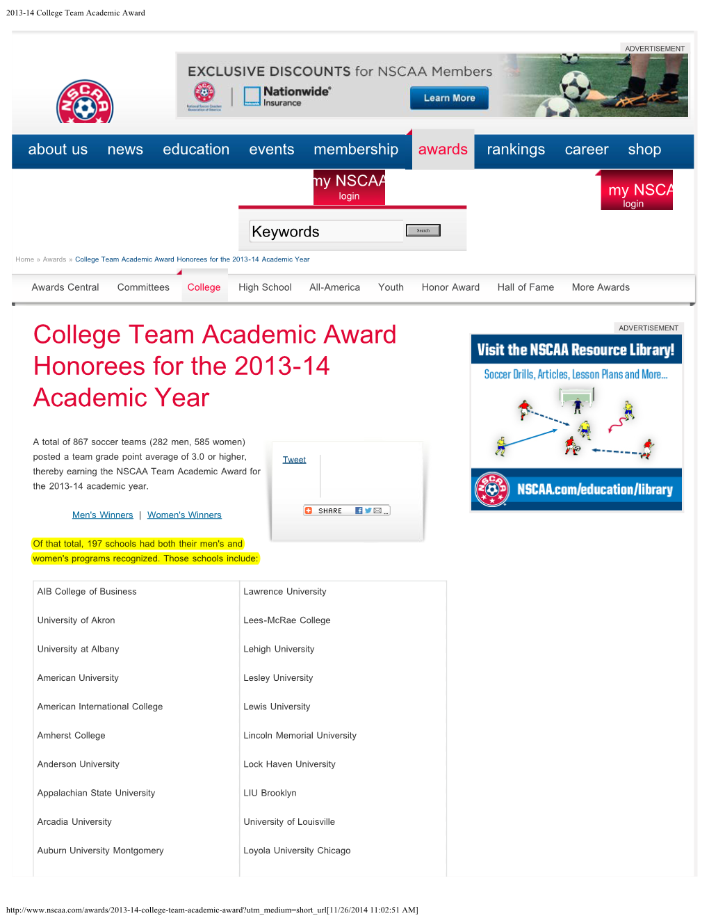 2013-14 College Team Academic Award